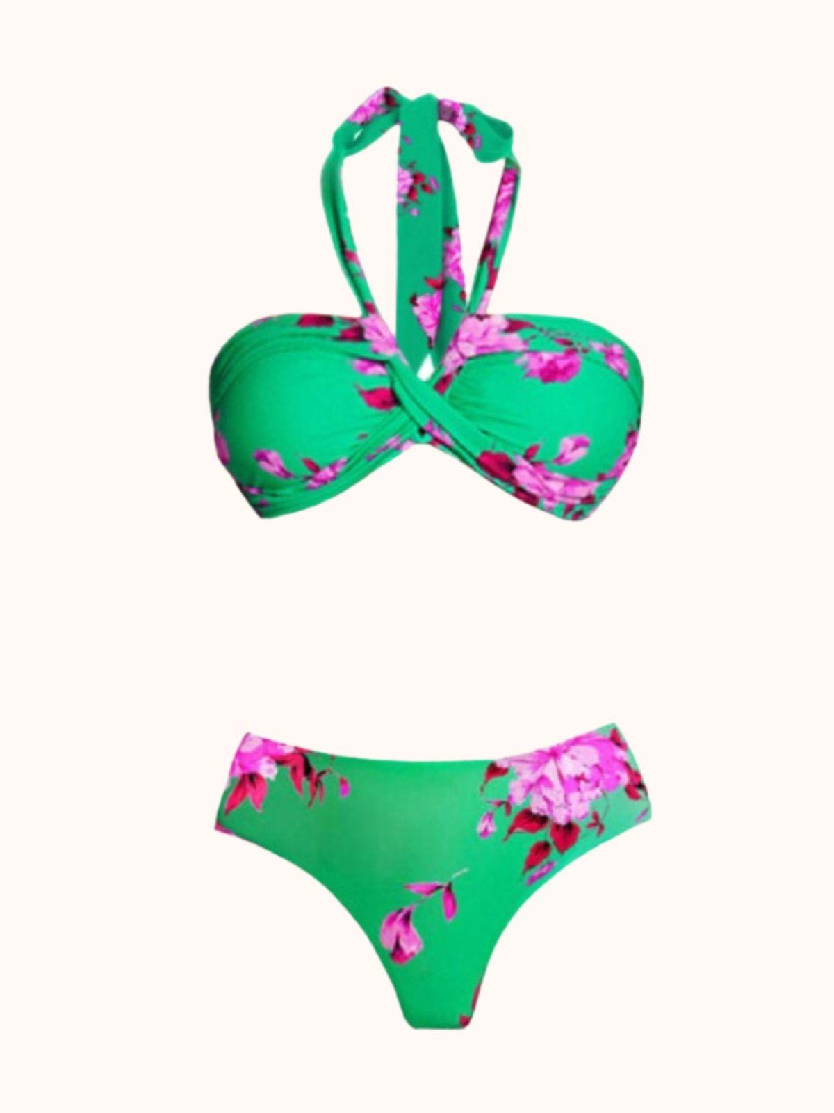 Aunika Halterneck Bikini Three Piece Set featuring a floral green design, perfect for summer beach outings.