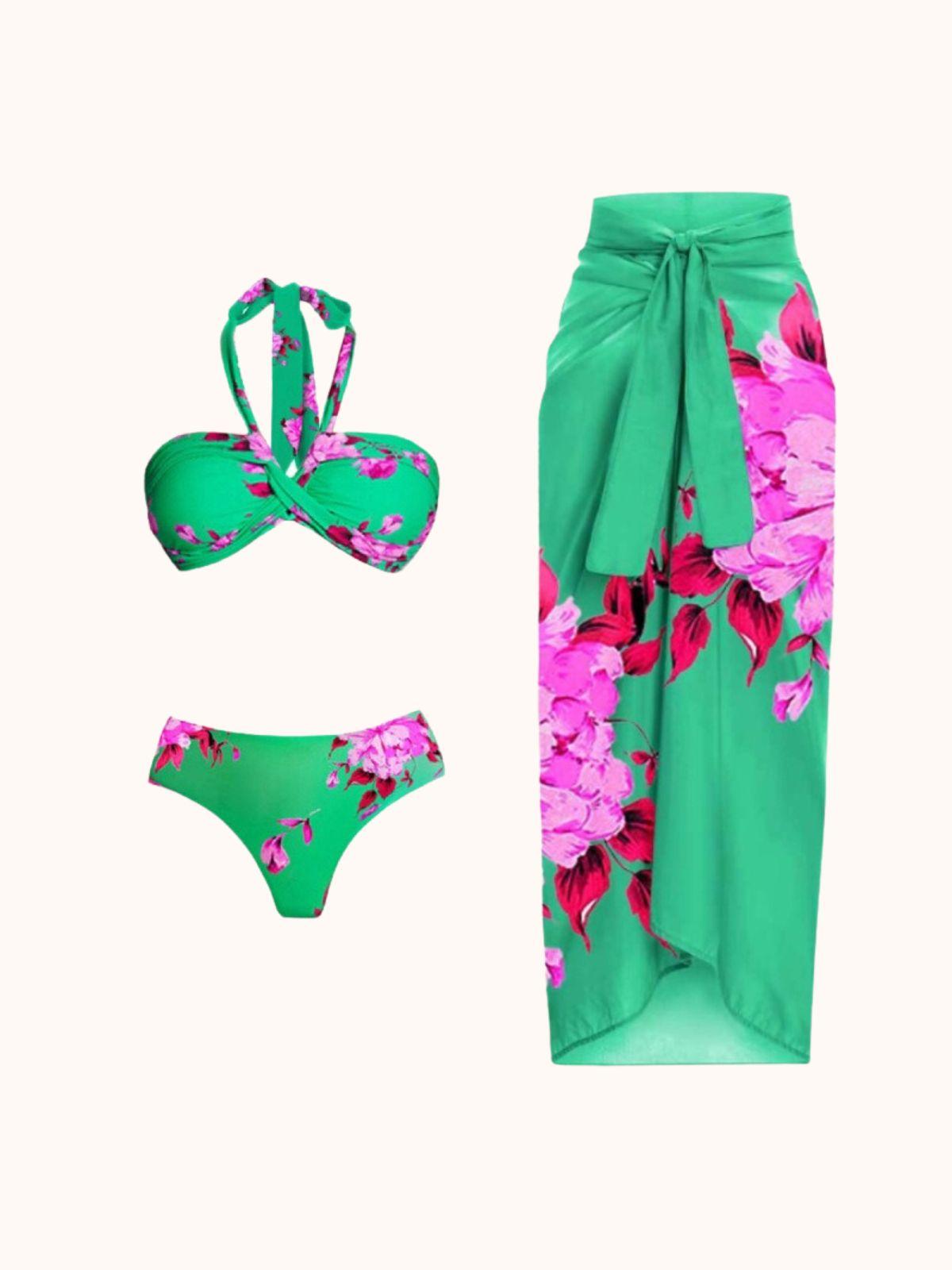 Aunika Halterneck Bikini Three Piece Set featuring a floral green design, perfect for summer beach outings.