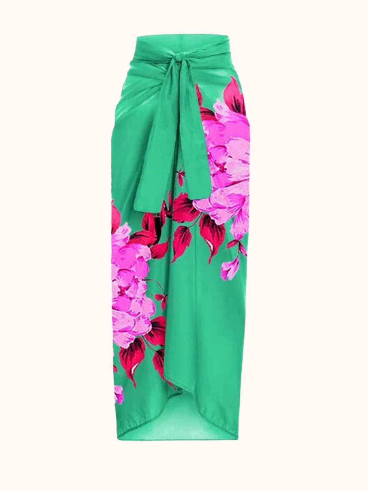 Aunika Halterneck Bikini Three Piece Set featuring a floral green design, perfect for summer beach outings.