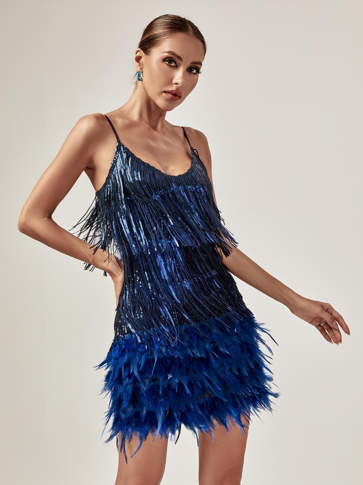 Close-up of the Austyn Tassel Feather Mini Dress showcasing its stunning sequin details and elegant feather accents.