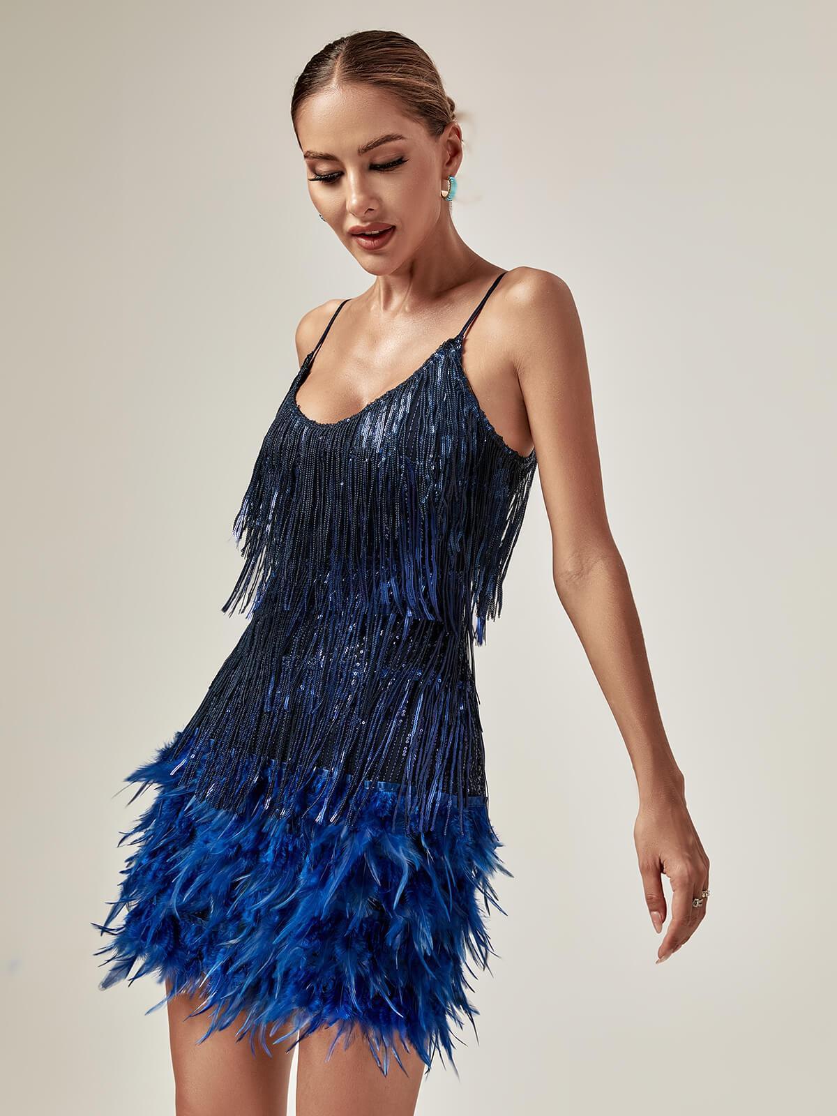 Austyn Tassel Feather Mini Dress in royal blue featuring exquisite crystal embellishments and elegant tassels.