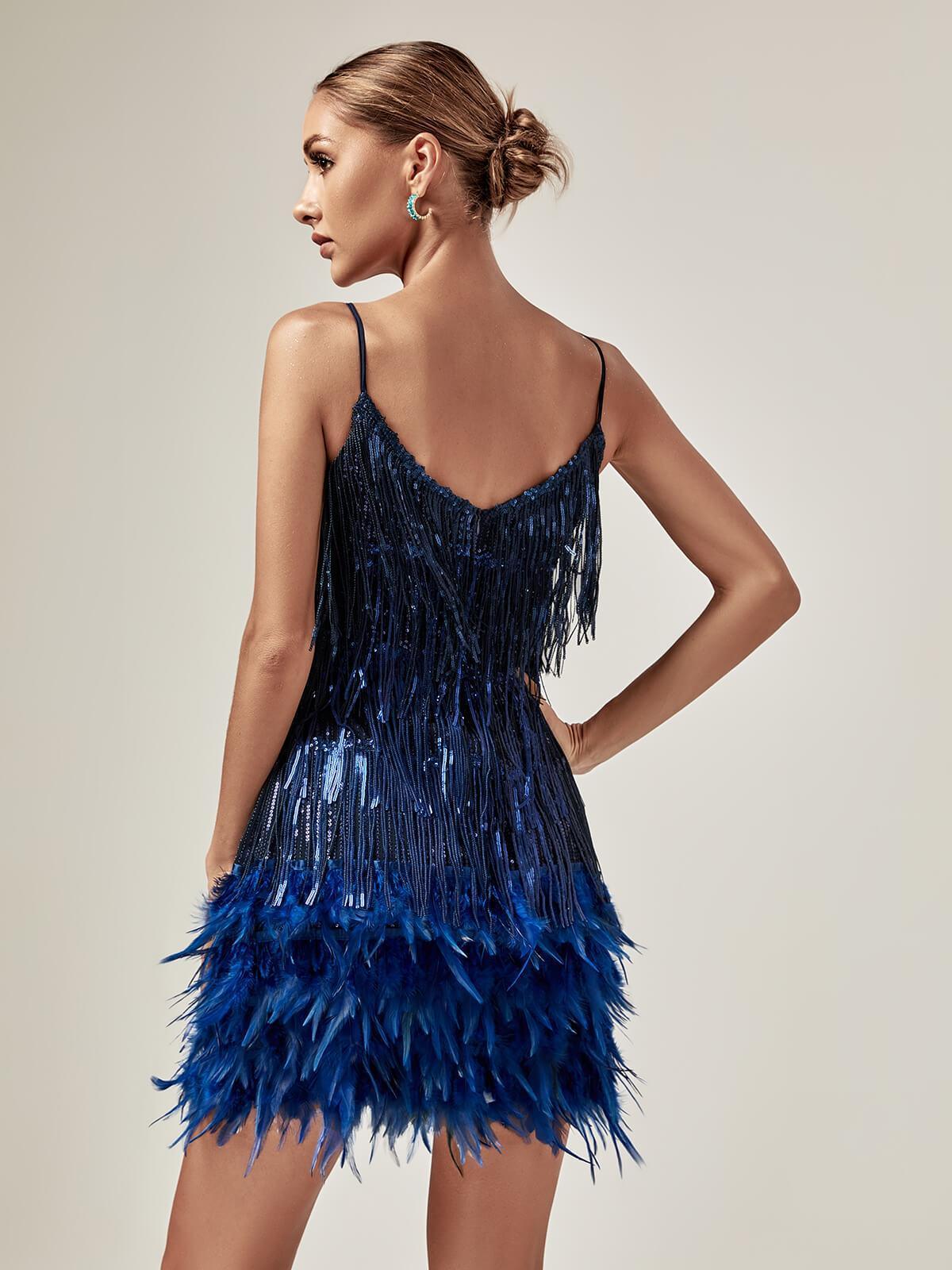 Austyn Tassel Feather Mini Dress in royal blue featuring exquisite crystal embellishments and elegant tassels.