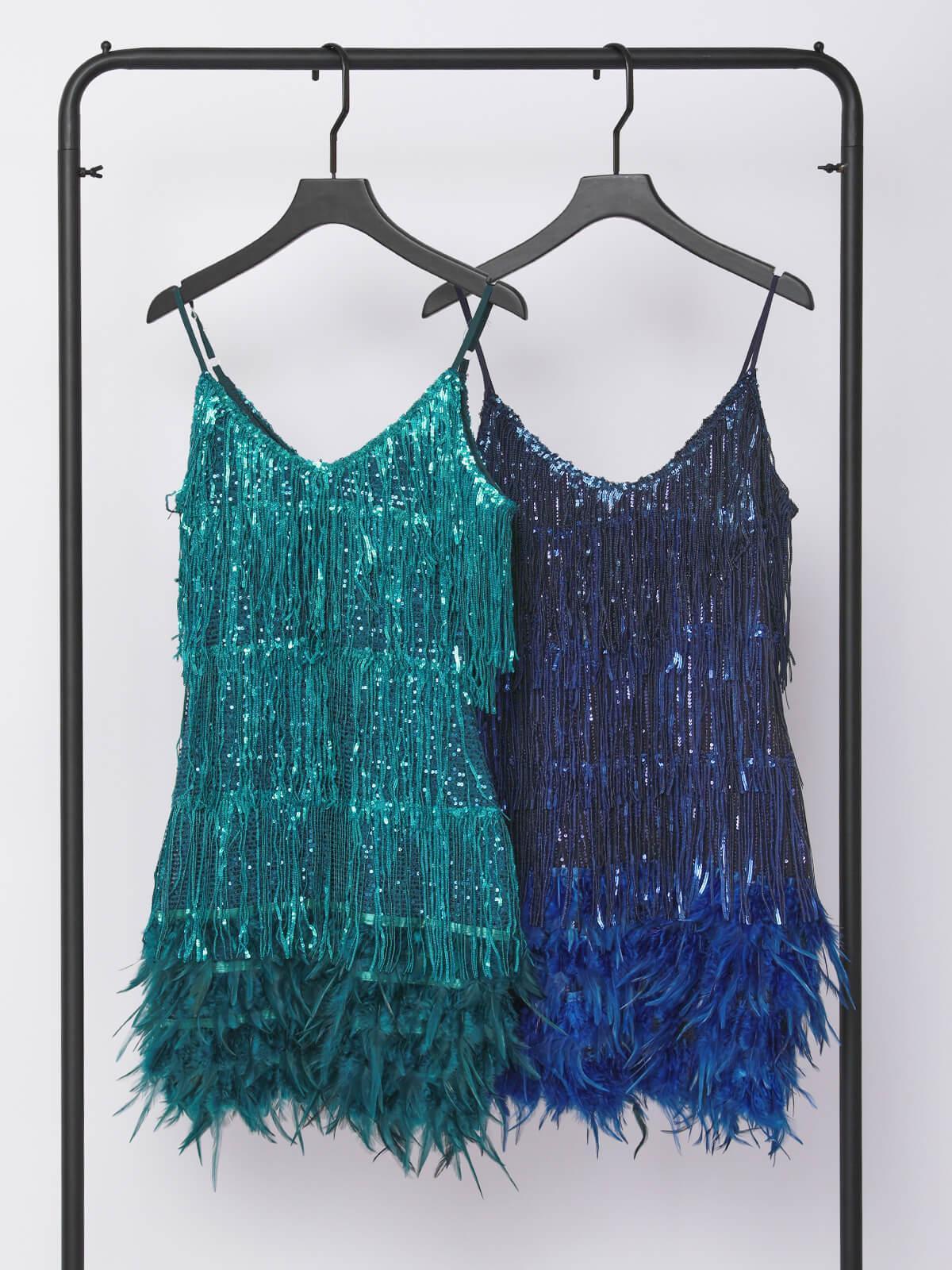 Austyn Tassel Feather Mini Dress in royal blue featuring exquisite crystal embellishments and elegant tassels.