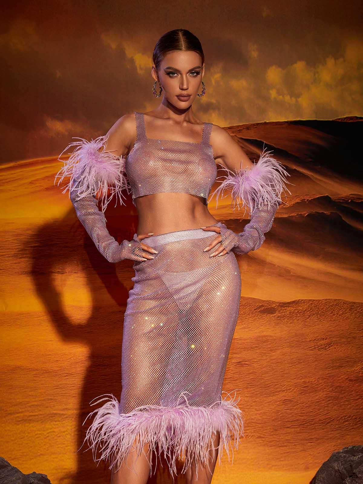 Close-up view of the feather trim on the Avery Mesh Diamond Skirt Set, showcasing elegant craftsmanship and style.