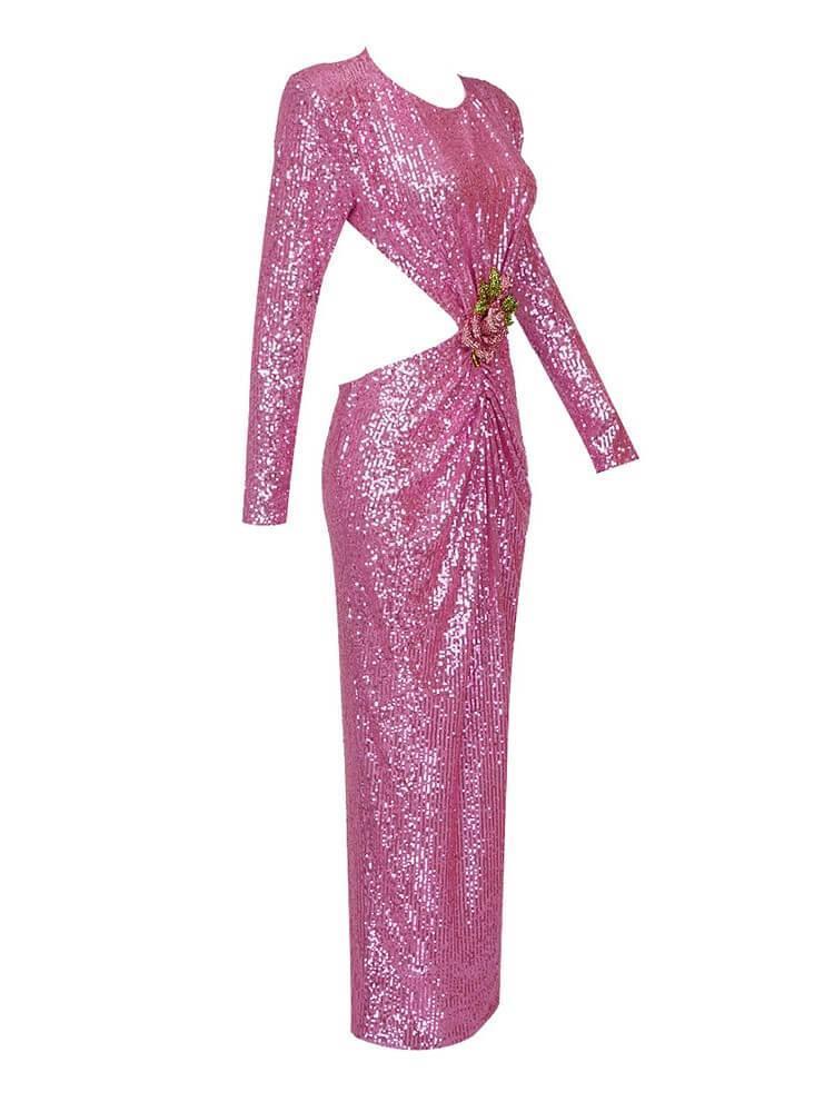 The Aviva Long Sleeve Cutout Sequin Maxi Dress in pink, showcasing its elegant design and dazzling embellishments.