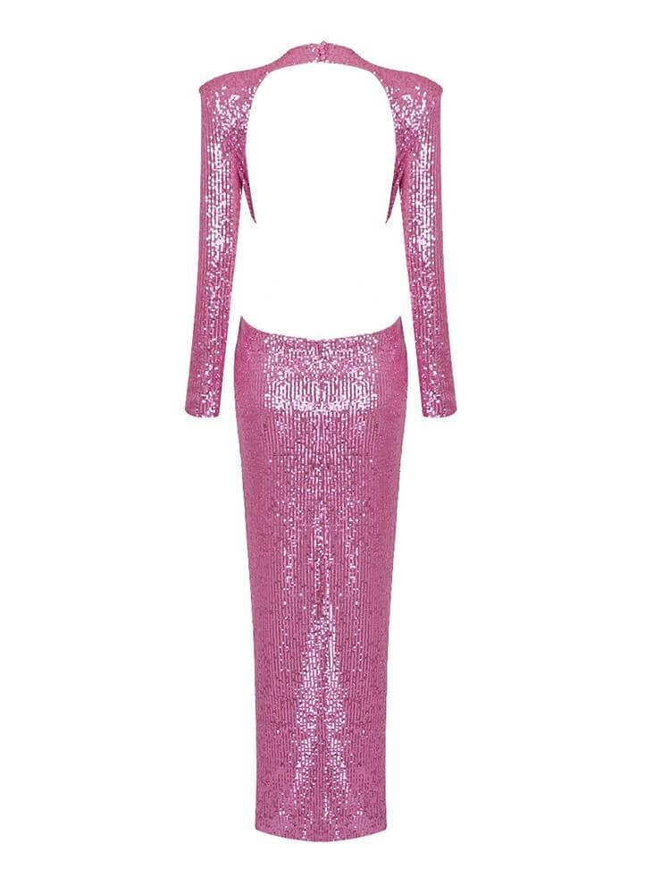 The Aviva Long Sleeve Cutout Sequin Maxi Dress in pink, showcasing its elegant design and dazzling embellishments.
