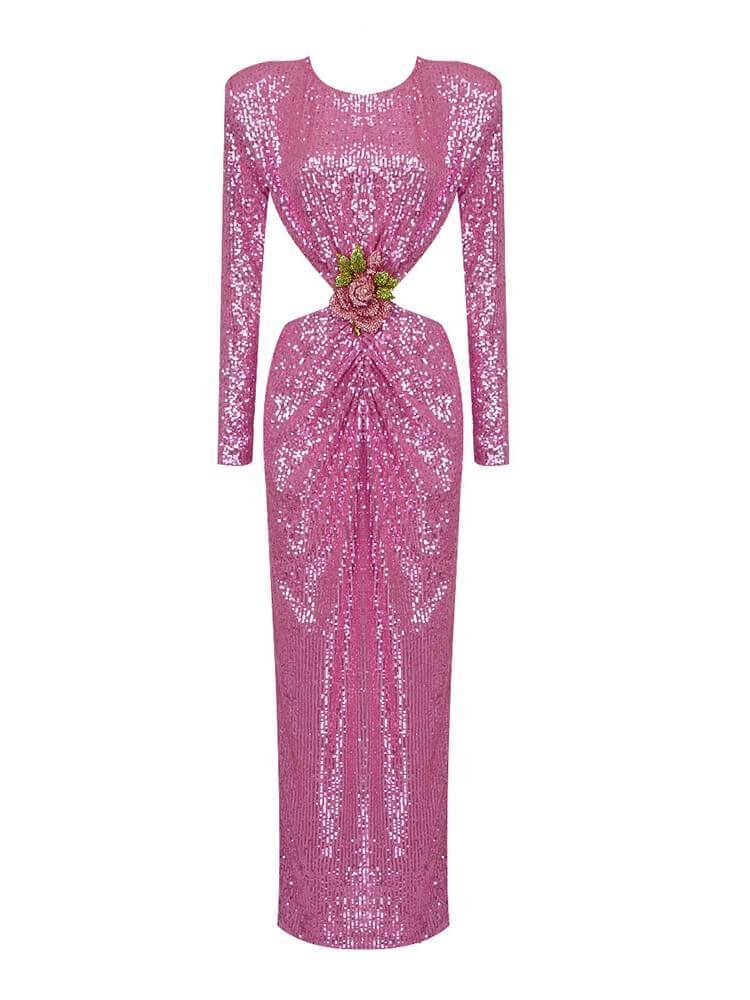 The Aviva Long Sleeve Cutout Sequin Maxi Dress in pink, showcasing its elegant design and dazzling embellishments.