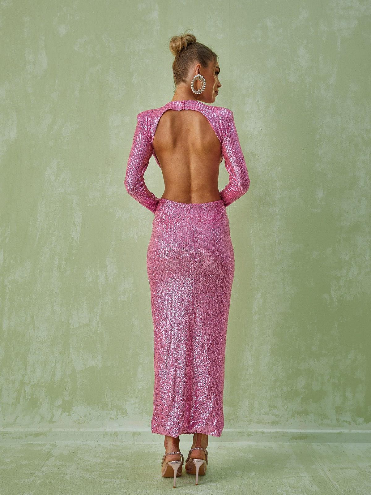 The Aviva Long Sleeve Cutout Sequin Maxi Dress in pink, showcasing its elegant design and dazzling embellishments.