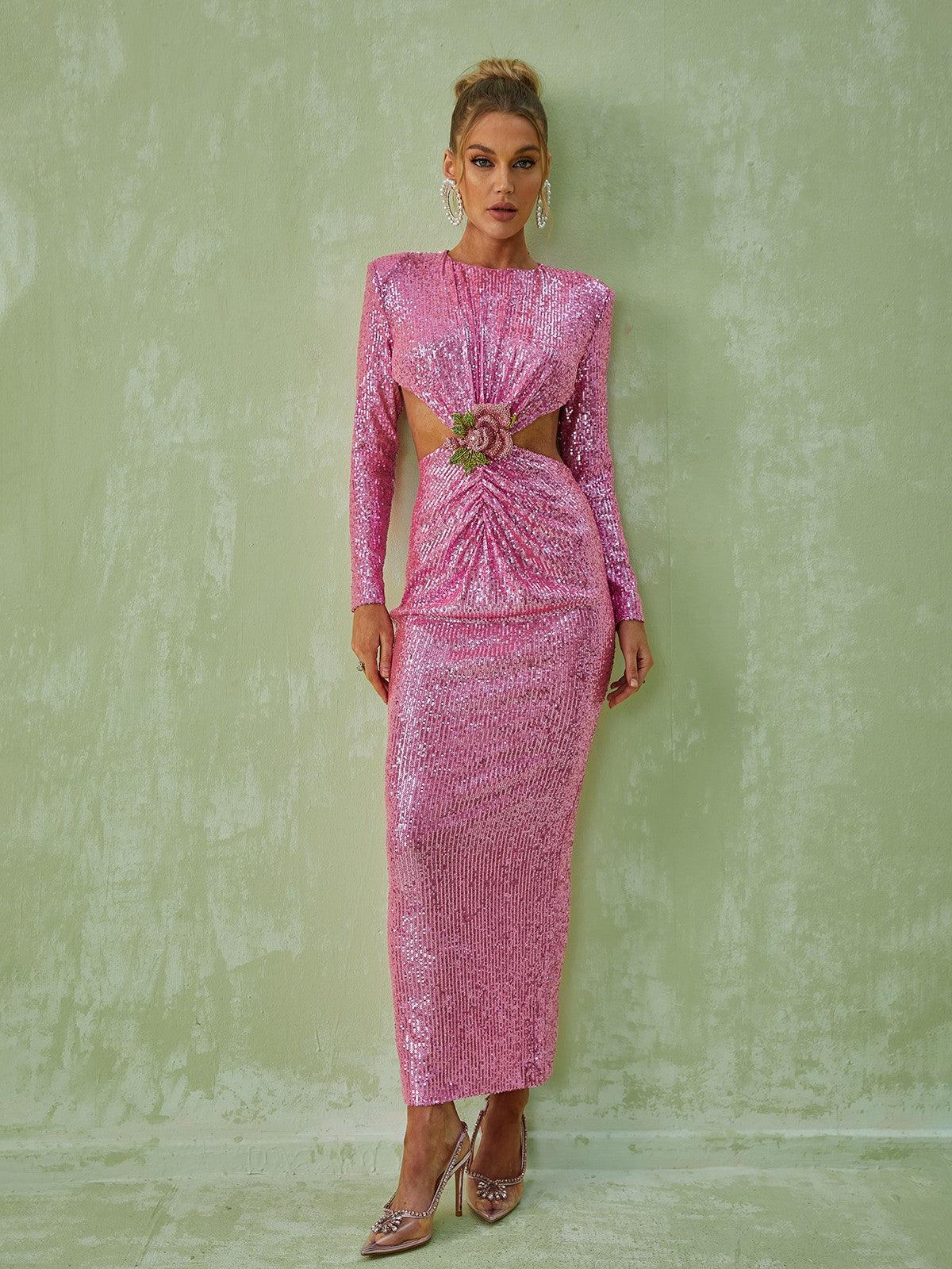 The backless feature of the Aviva Long Sleeve Cutout Sequin Maxi Dress, showcasing its elegant and chic style.