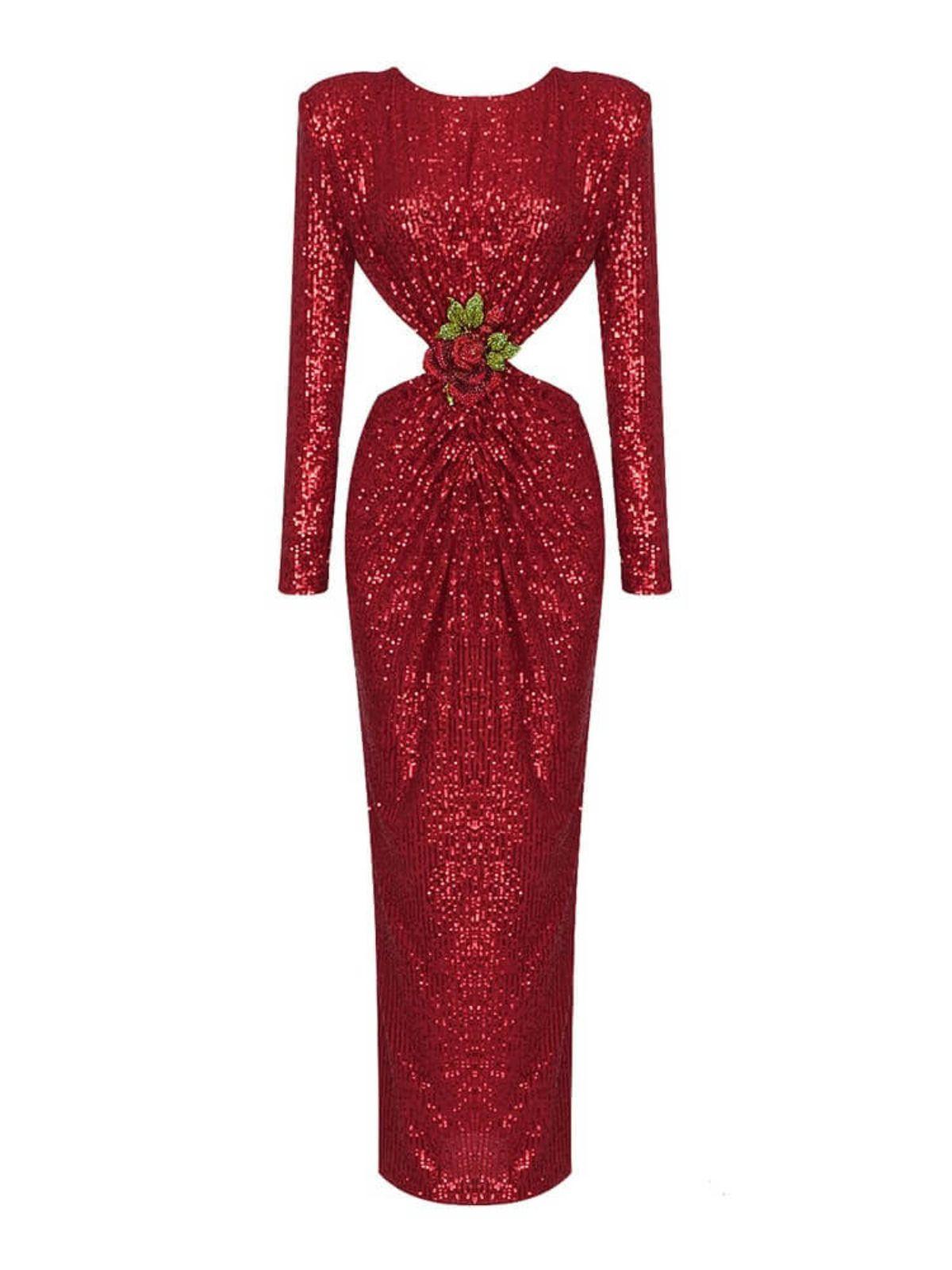 Aviva Long Sleeve Cutout Sequin Maxi Dress in vibrant red, showcasing a chic backless design and elegant sequins.