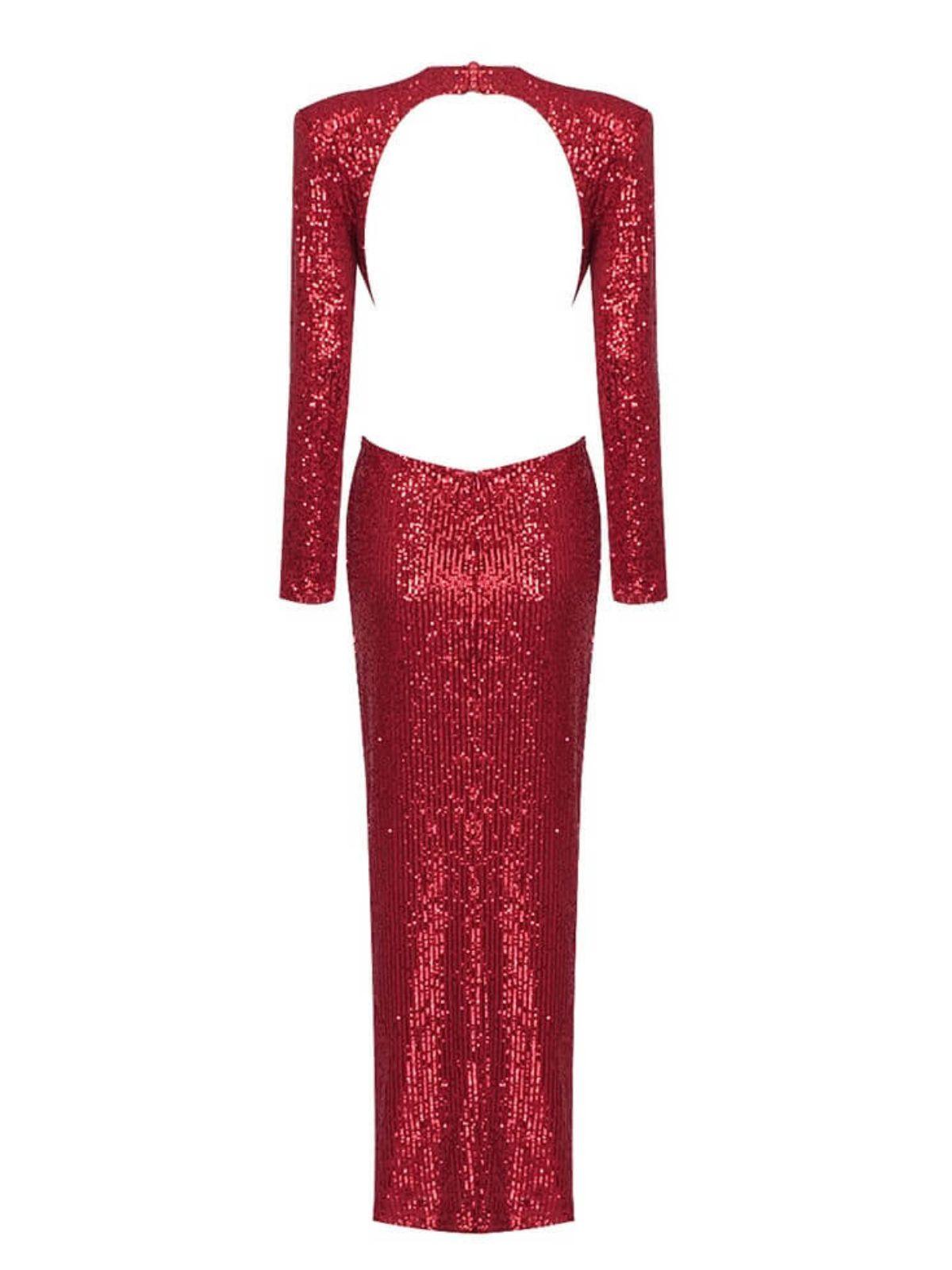 Aviva Long Sleeve Cutout Sequin Maxi Dress in vibrant red, showcasing a chic backless design and elegant sequins.