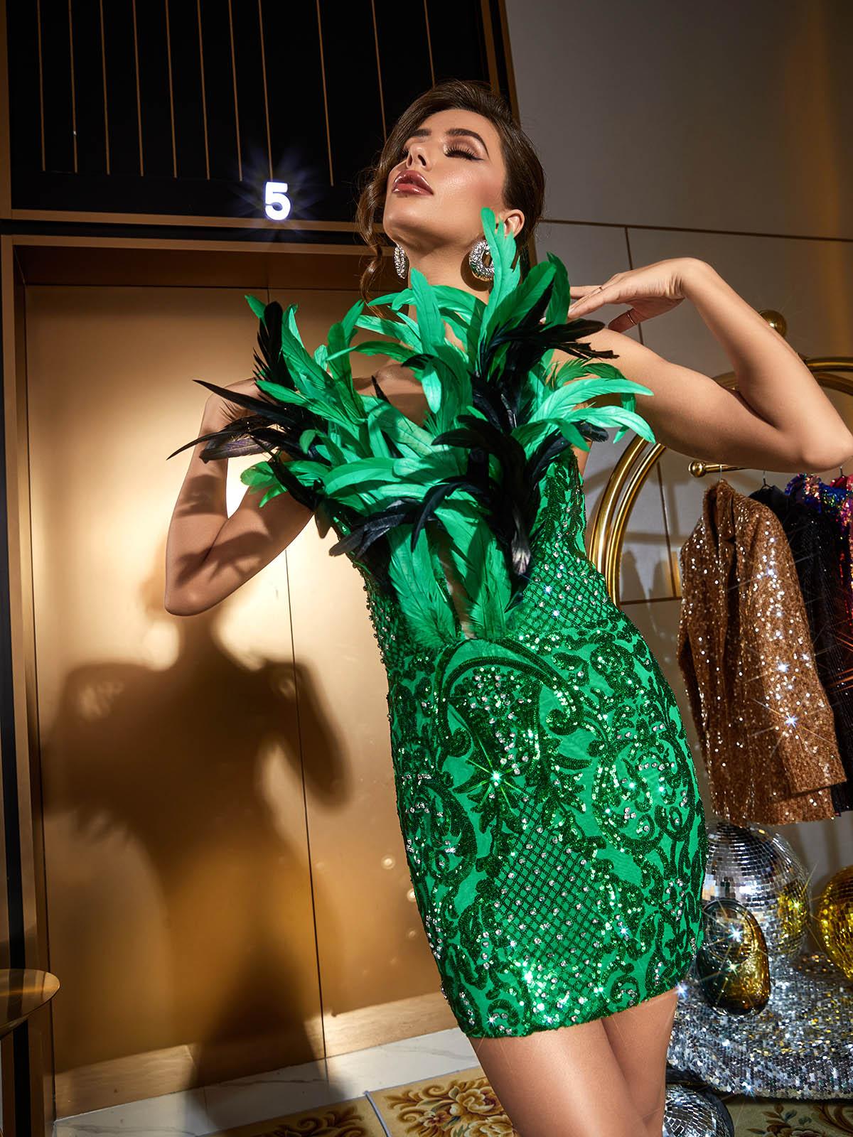 Side view of the Aydin Strapless Sequin Feather Mini Dress, emphasizing its lightweight fabric and comfortable fit for any occasion.