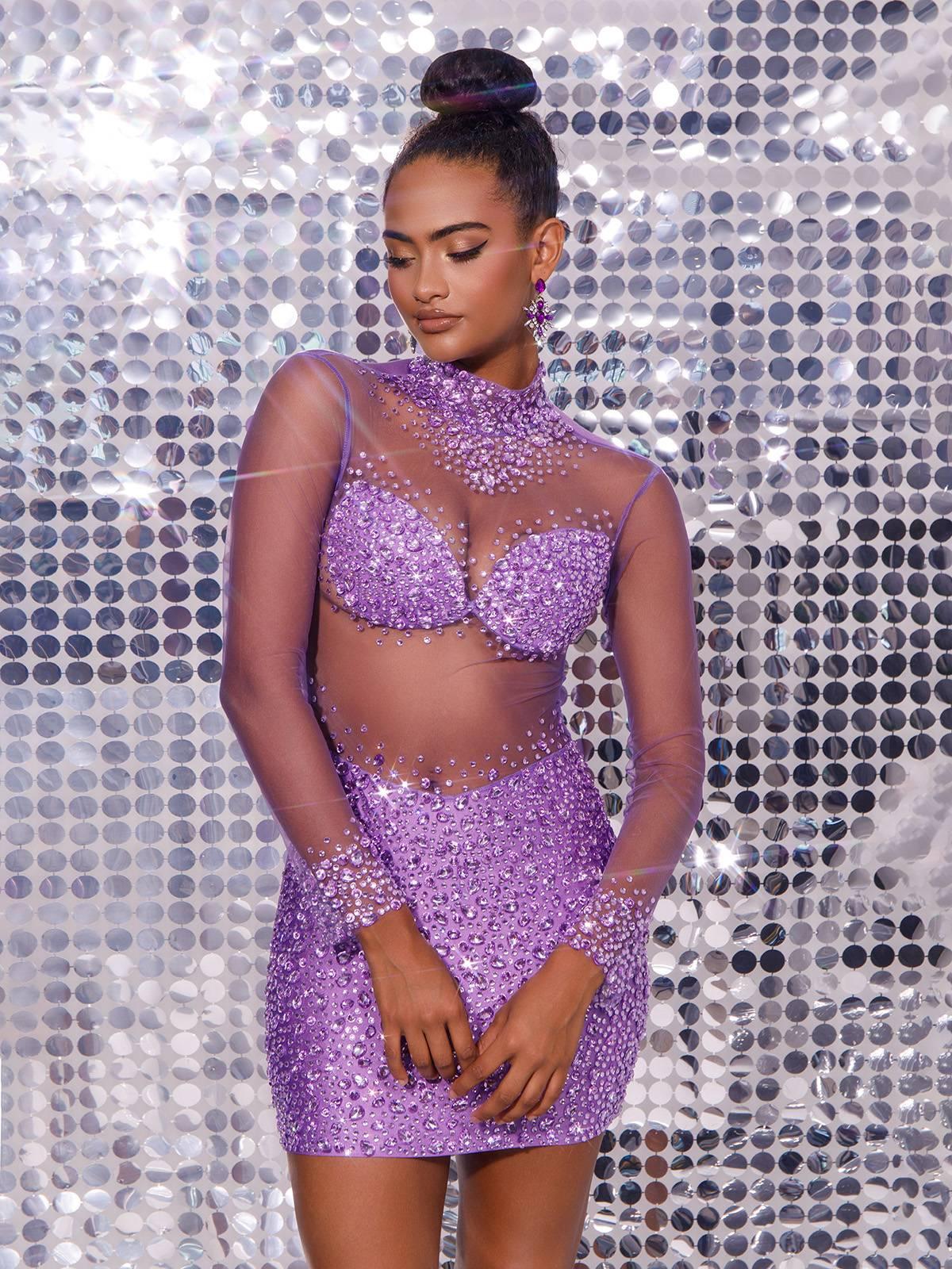 Azami Mesh Crystal Mini Dress in Purple with elegant crystal details and long sleeves, perfect for chic parties.