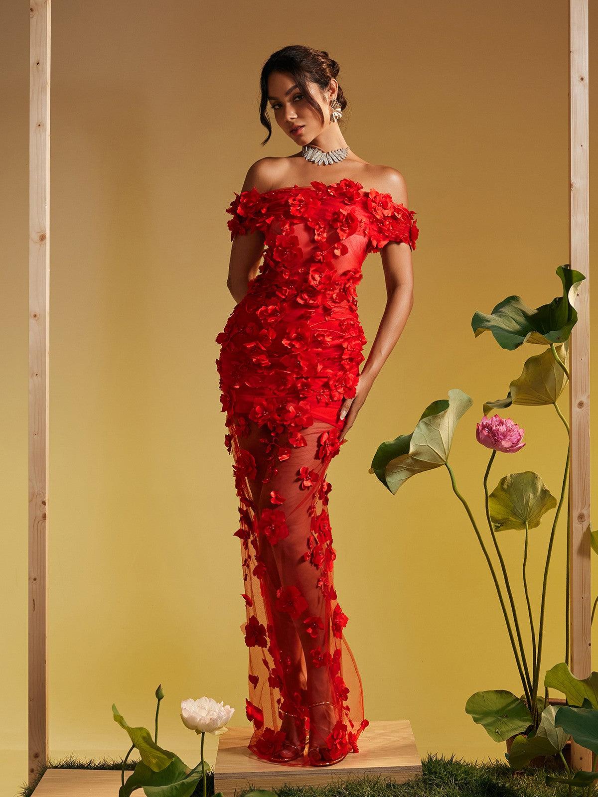 Azizi Off Shoulder Flower Mesh Maxi Dress in vibrant red with floral mesh detailing, perfect for cocktail parties and elegant occasions.