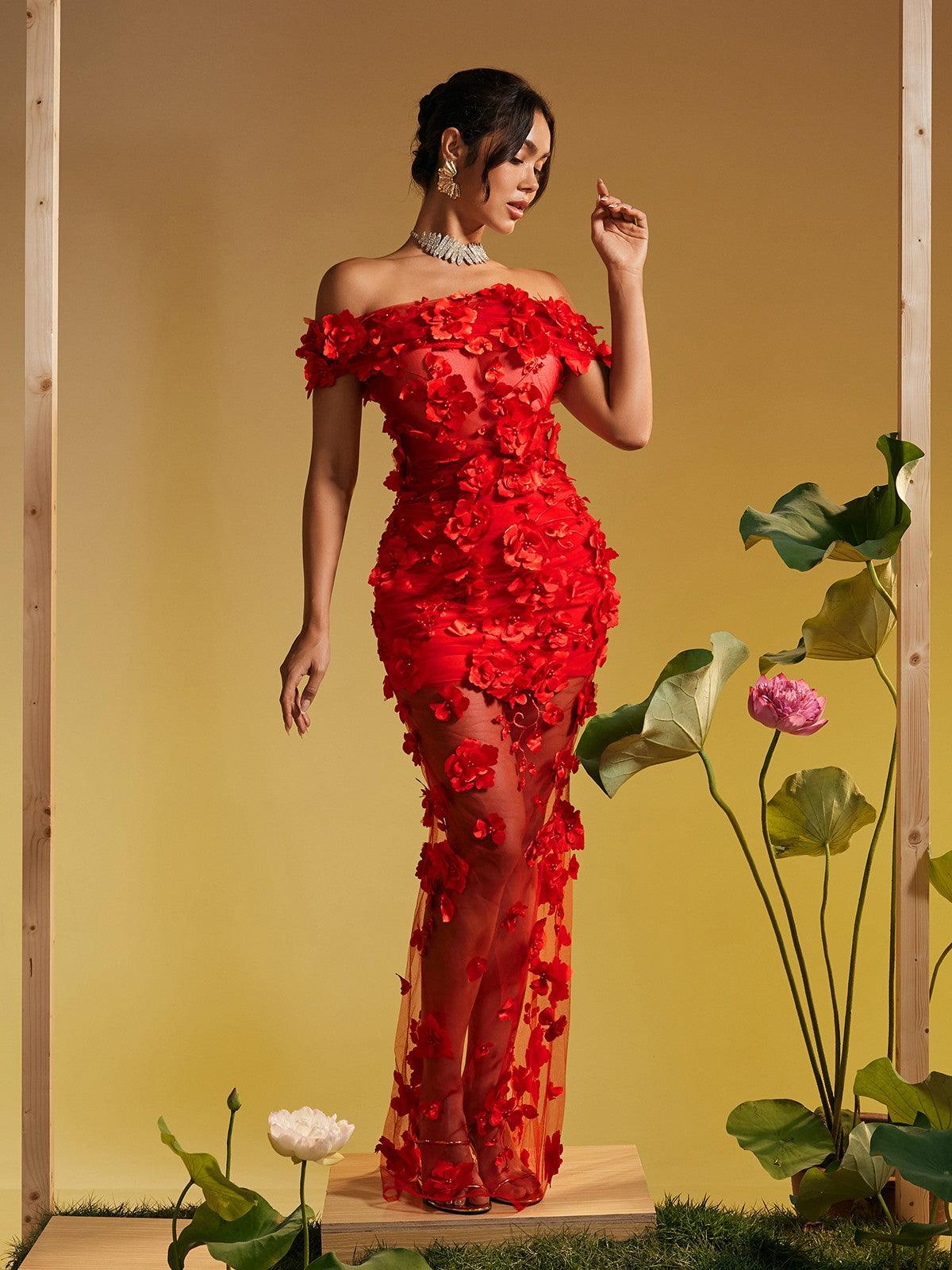 Azizi Off Shoulder Flower Mesh Maxi Dress in vibrant red with floral mesh detailing, perfect for cocktail parties and elegant occasions.