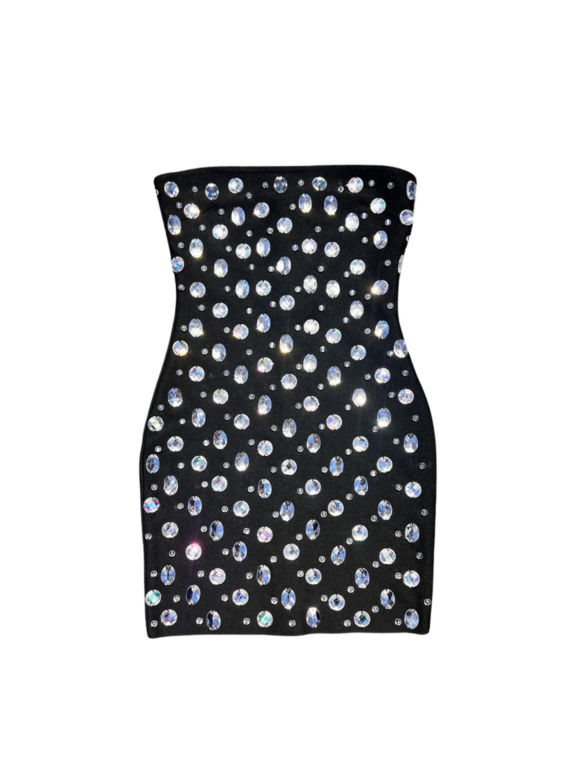 Azul Strapless Rhinestone Bandage Mini Dress showcasing a curve-hugging fit and elegant design.