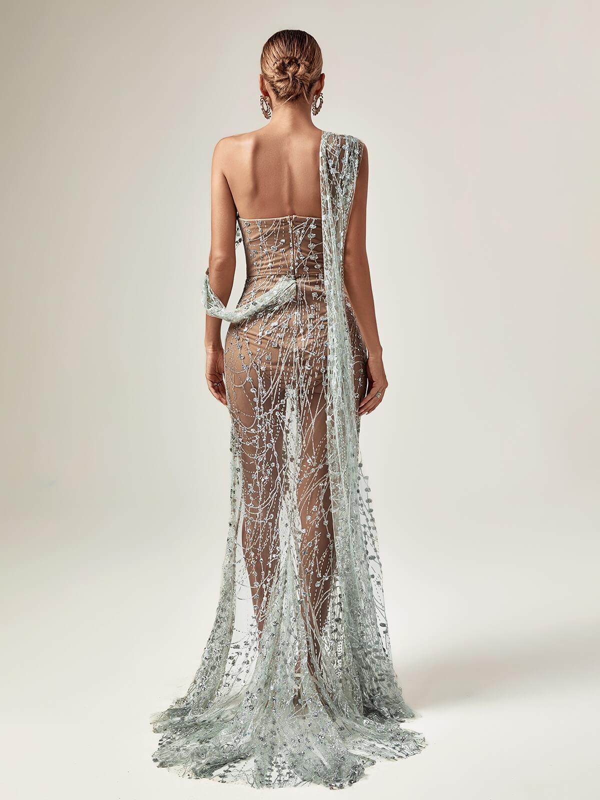 Bailee Split Sequin Maxi Dress showcasing stunning sequins and elegant off-the-shoulder design, perfect for glamorous occasions.