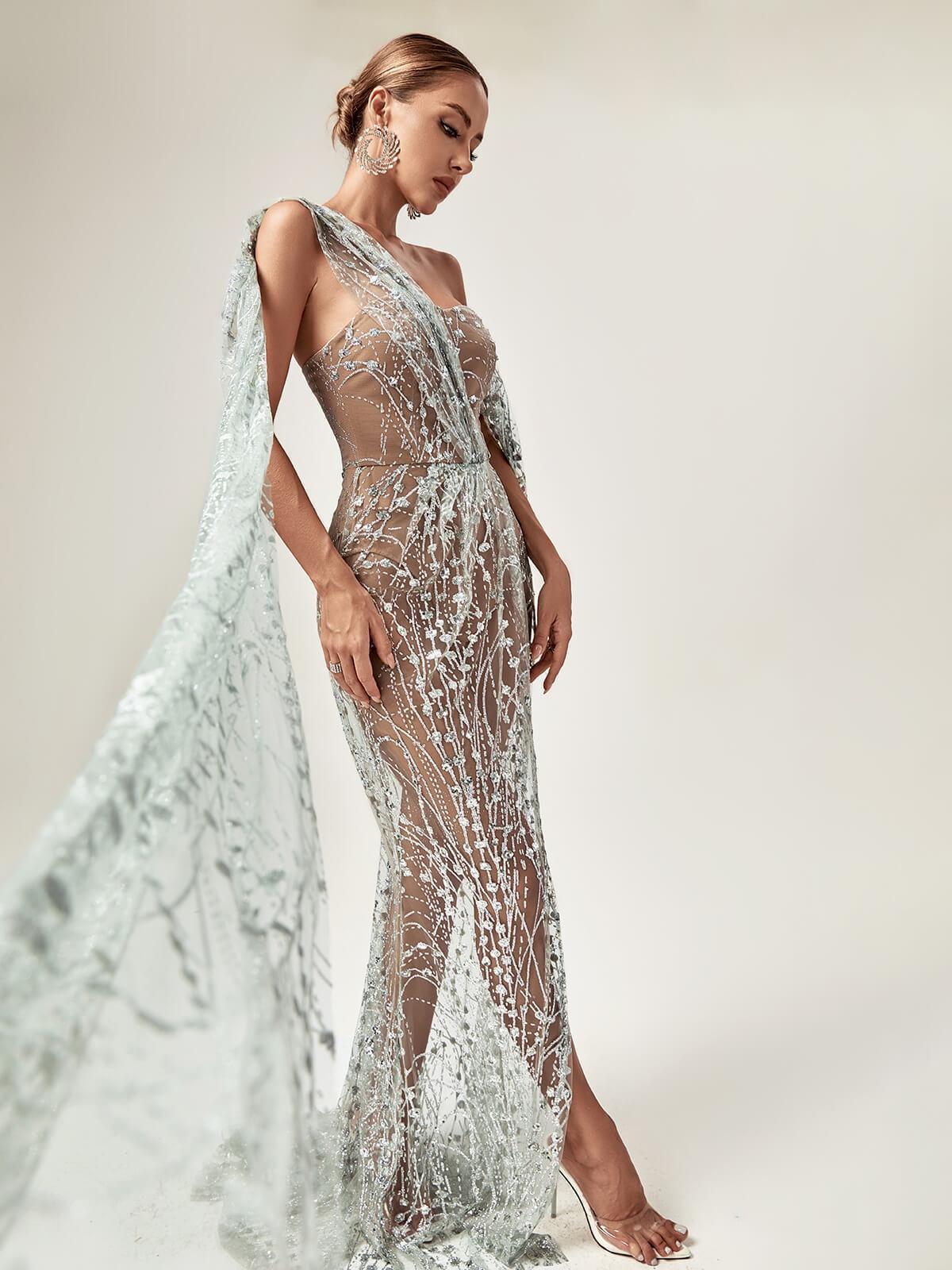 Back view of the Bailee Split Sequin Maxi Dress, featuring a hidden zipper and stylish ruched details for a flattering fit.