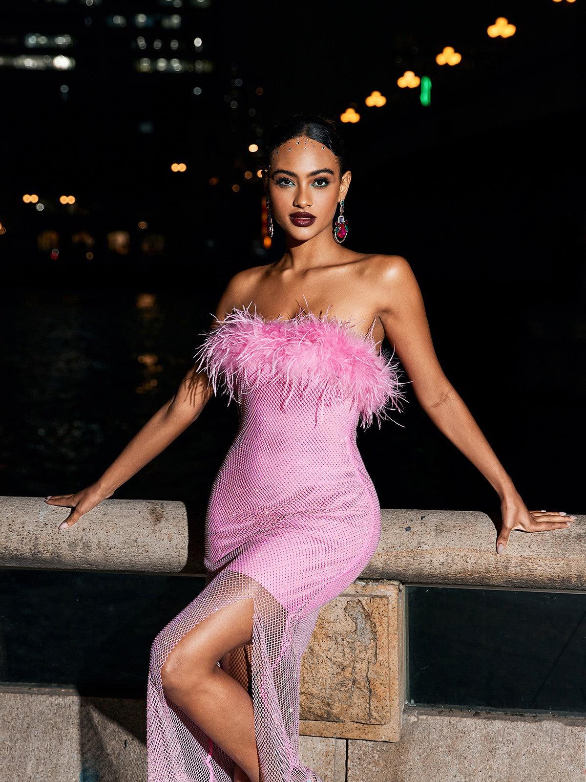 Close-up of the rhinestone embellishments on the Barbie Mesh Maxi Bandage Dress, highlighting its luxurious details.