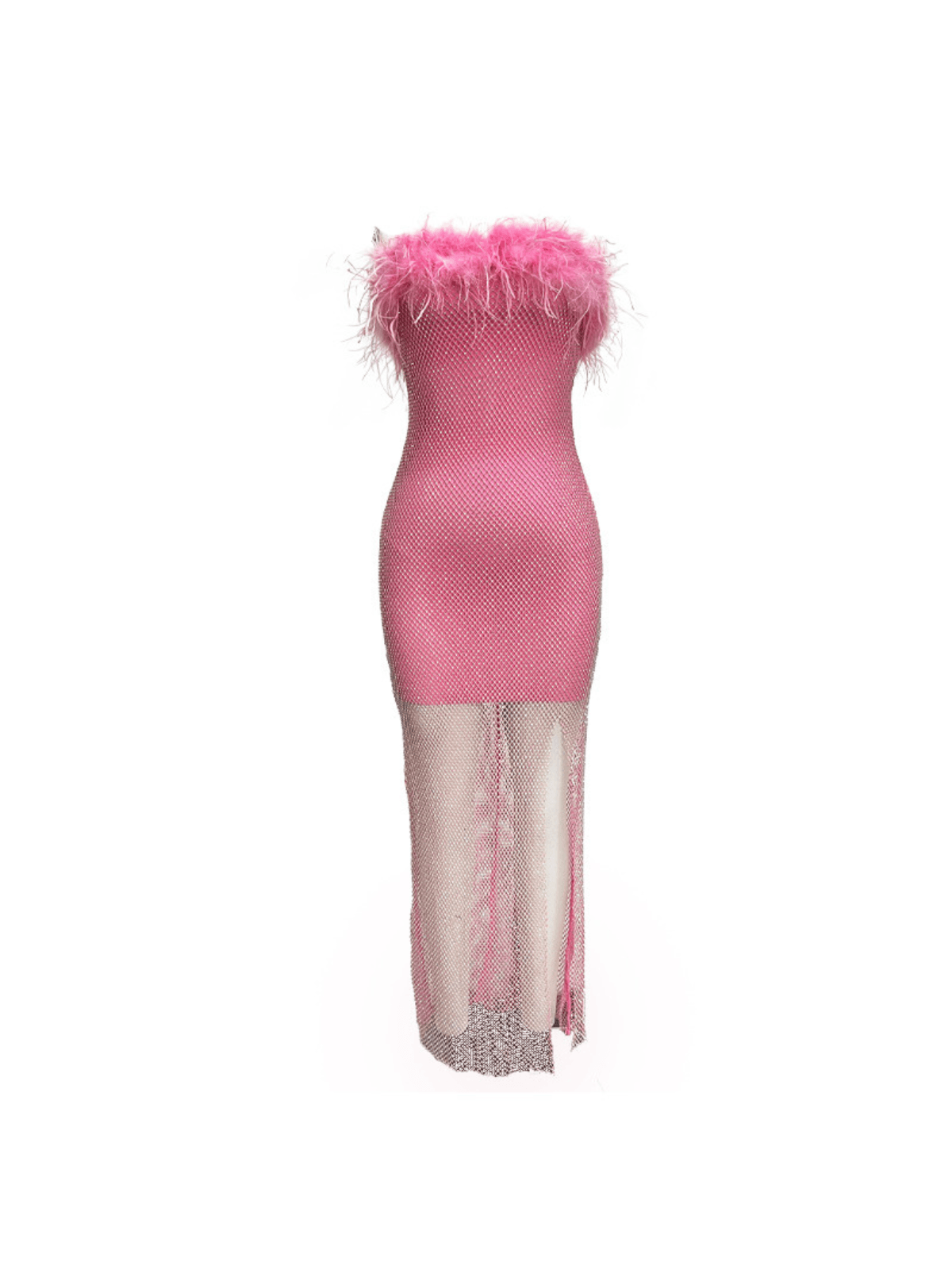 Barbie Mesh Rhinestone Maxi Bandage Dress in Hot Pink, showcasing its glamorous design and figure-flattering silhouette.