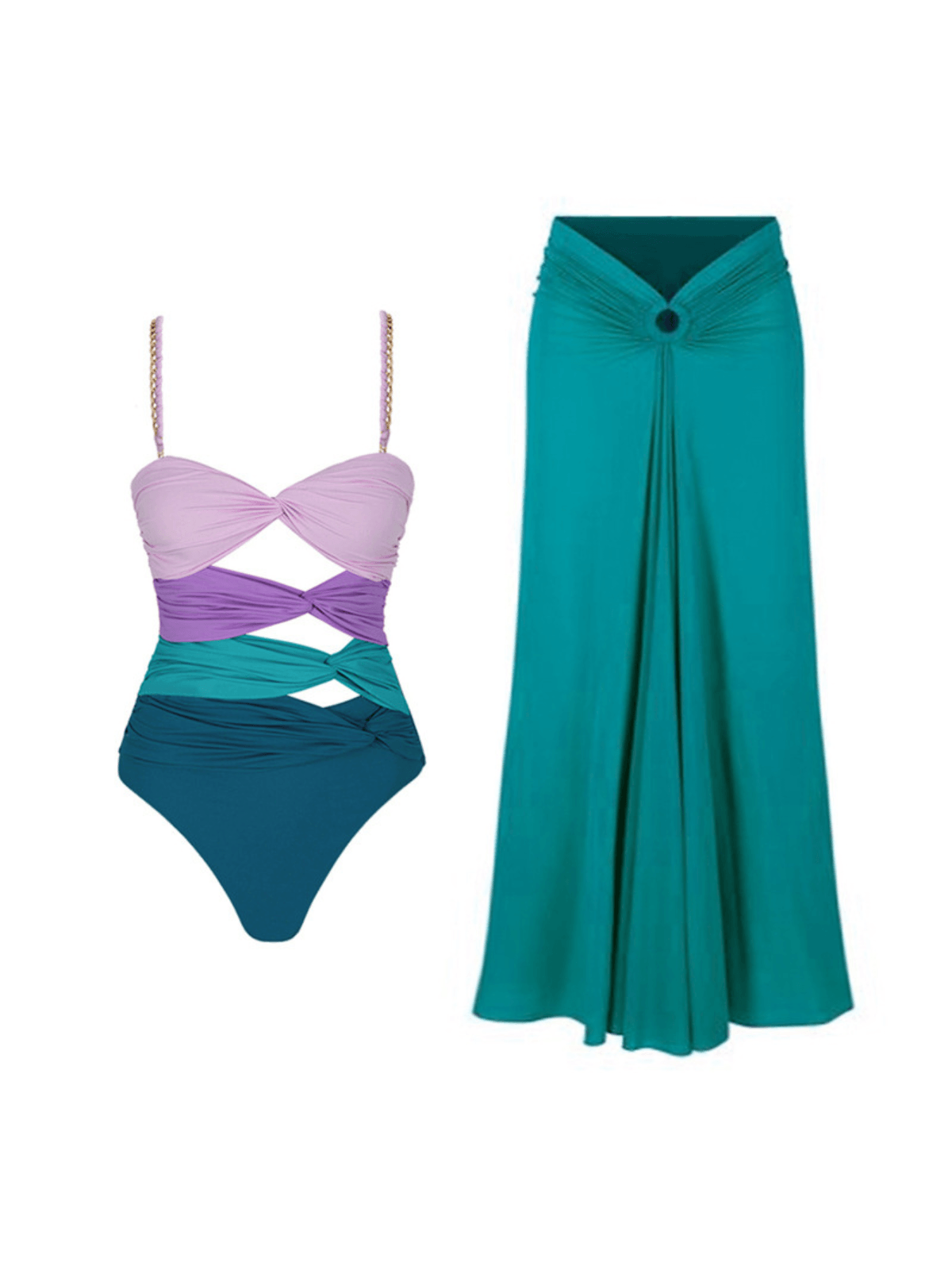 Bavo Color Clash Two Piece Swimwear Set in vibrant green and purple colors, perfect for beach and pool parties.