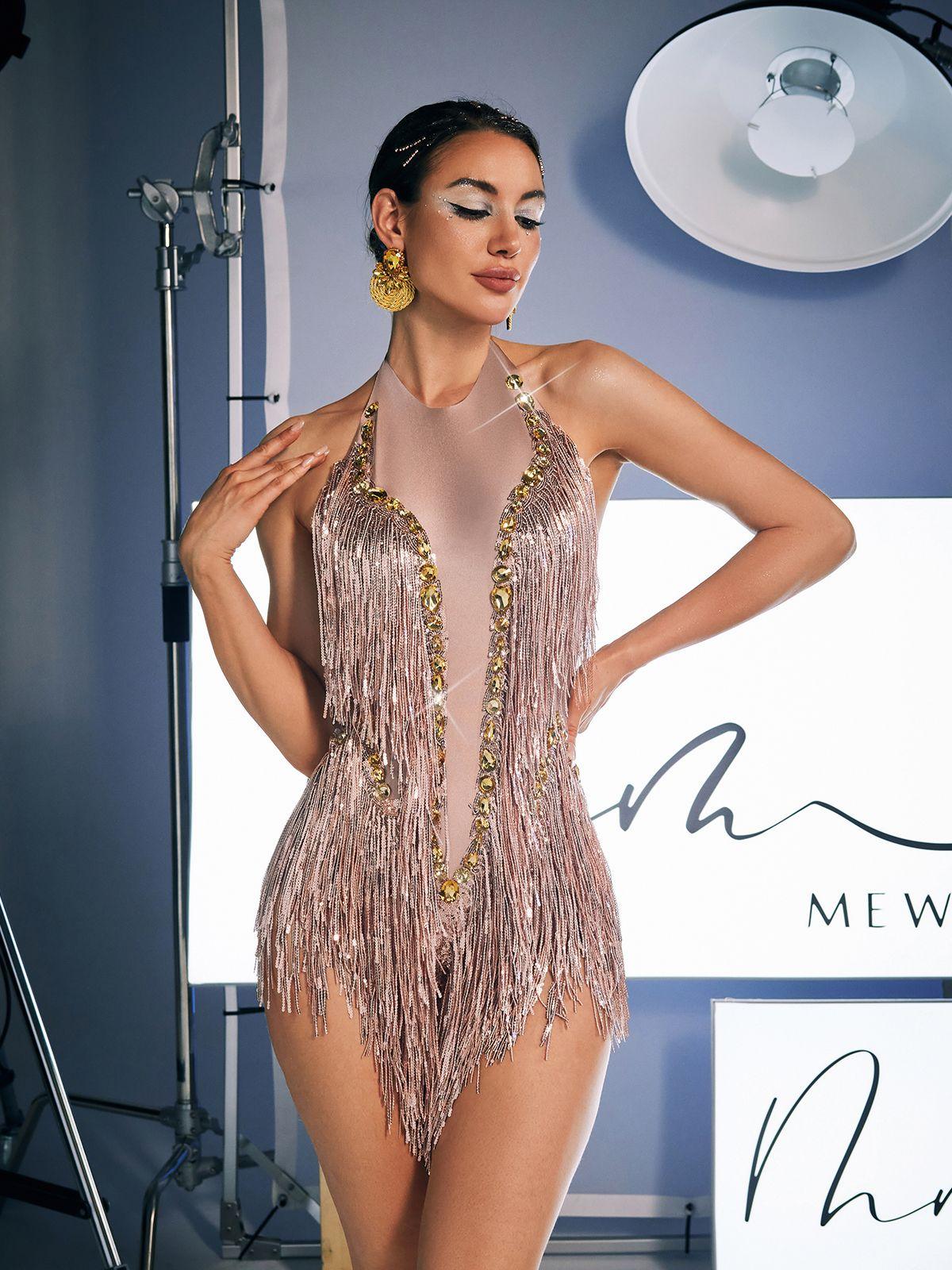 Close-up view of the intricate sequin detailing on the Benicio Halterneck Bodysuit, highlighting its dazzling embellishments.