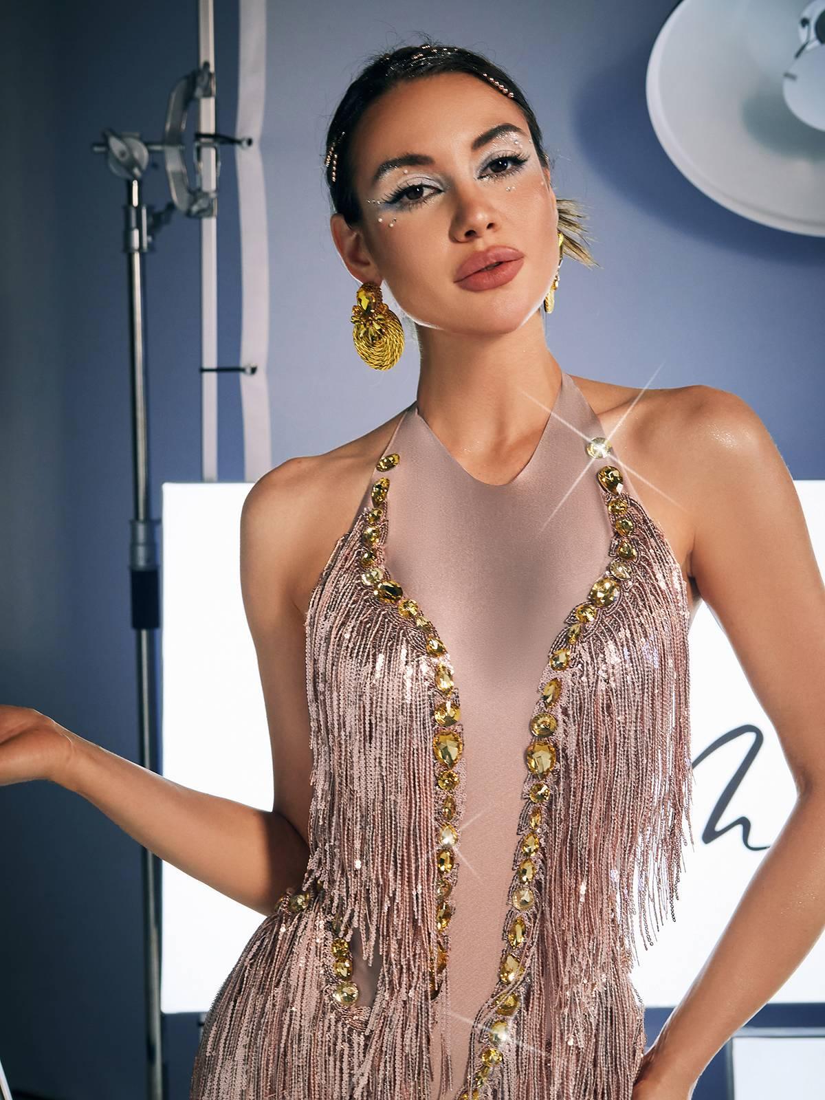 Full-length view of the Benicio Halterneck Fringe Sequin Bodysuit, emphasizing its flattering fit and stylish fringe.