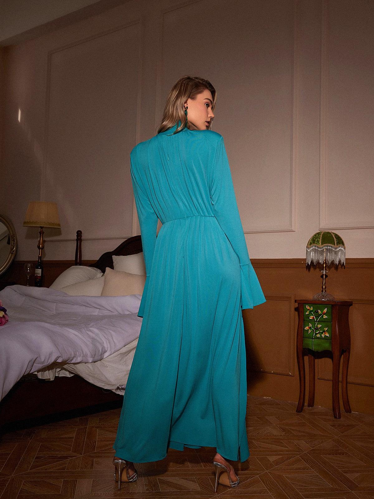 Benton Long Sleeve Flower Embellished Maxi Dress in Blue, perfect for weddings and special events.