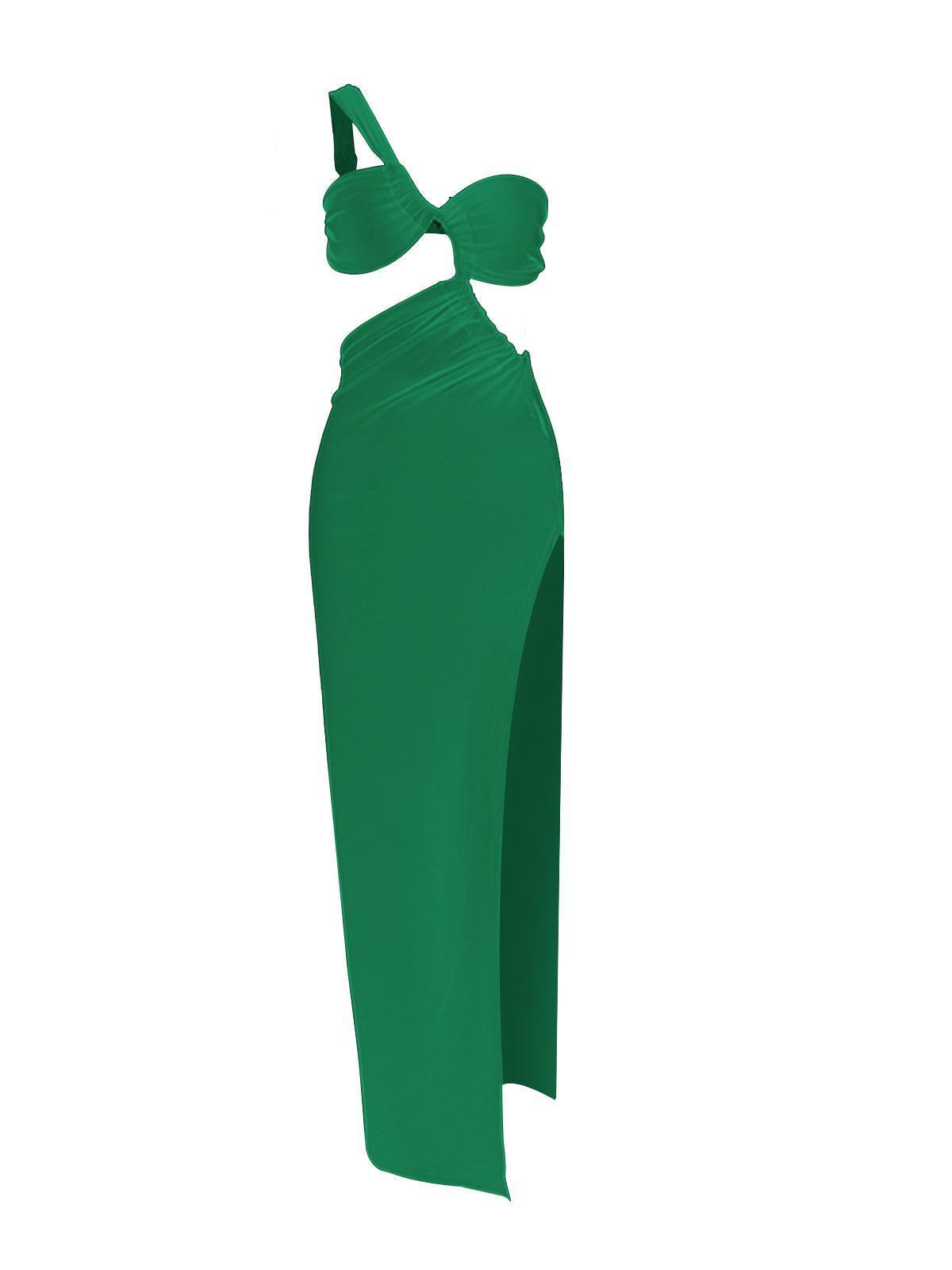 The Berenice One Shoulder Cutout Maxi Dress in green, elegantly displayed on a model showcasing its flattering fit.