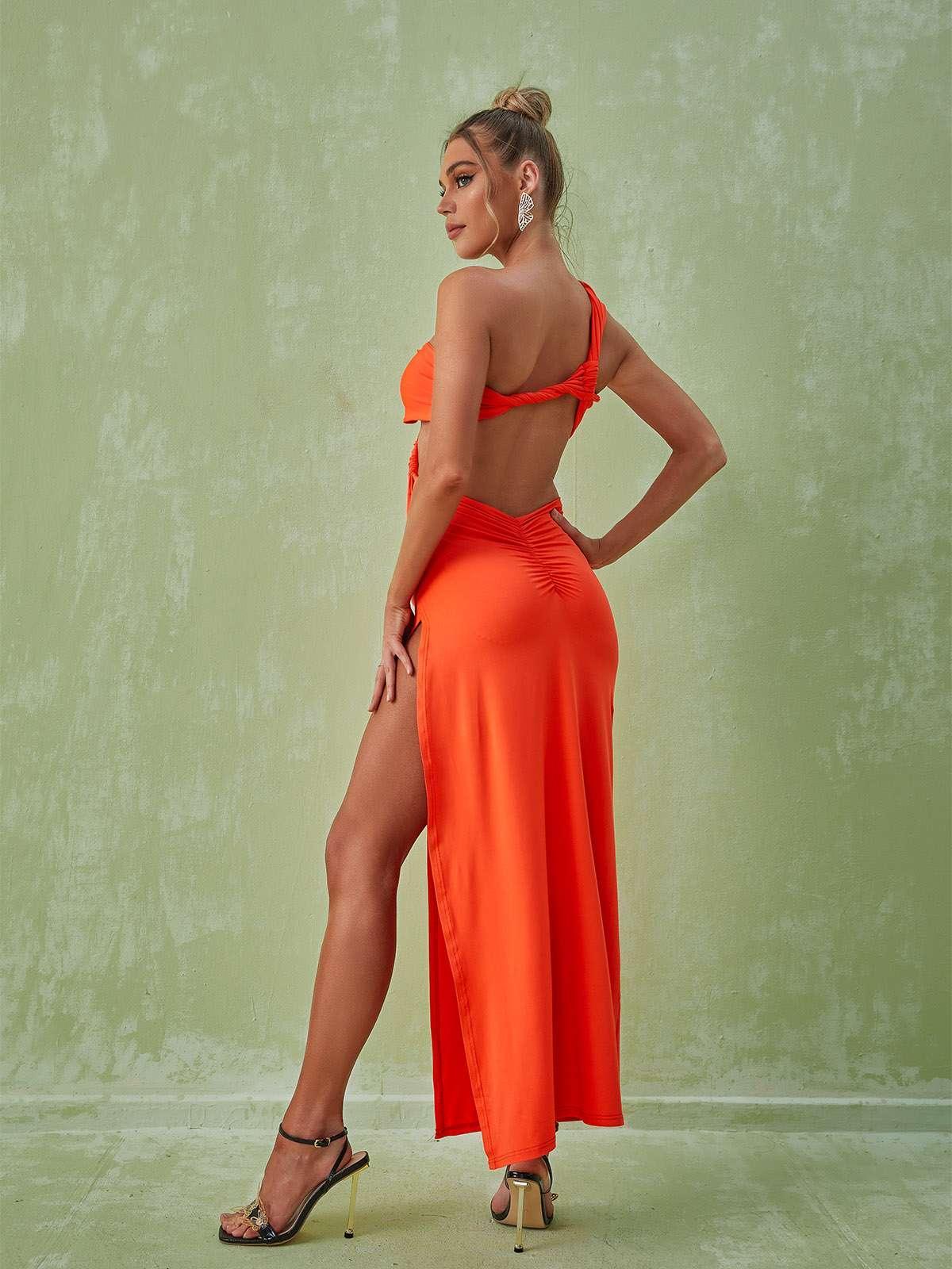 Berenice One Shoulder Cutout Maxi Dress in orange, showcasing stylish ruching and a flattering silhouette.