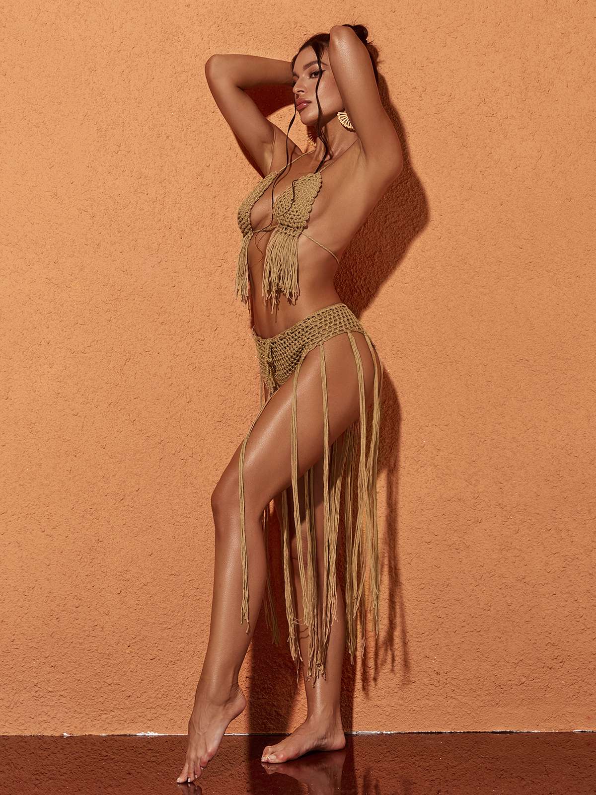 Berlin Knit Fringe Bikini Two Piece Set in Brown, featuring halterneck design and stylish fringe details.