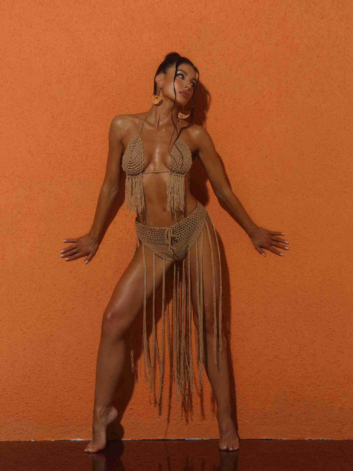 Berlin Knit Fringe Bikini Two Piece Set in Brown, featuring halterneck design and stylish fringe details.