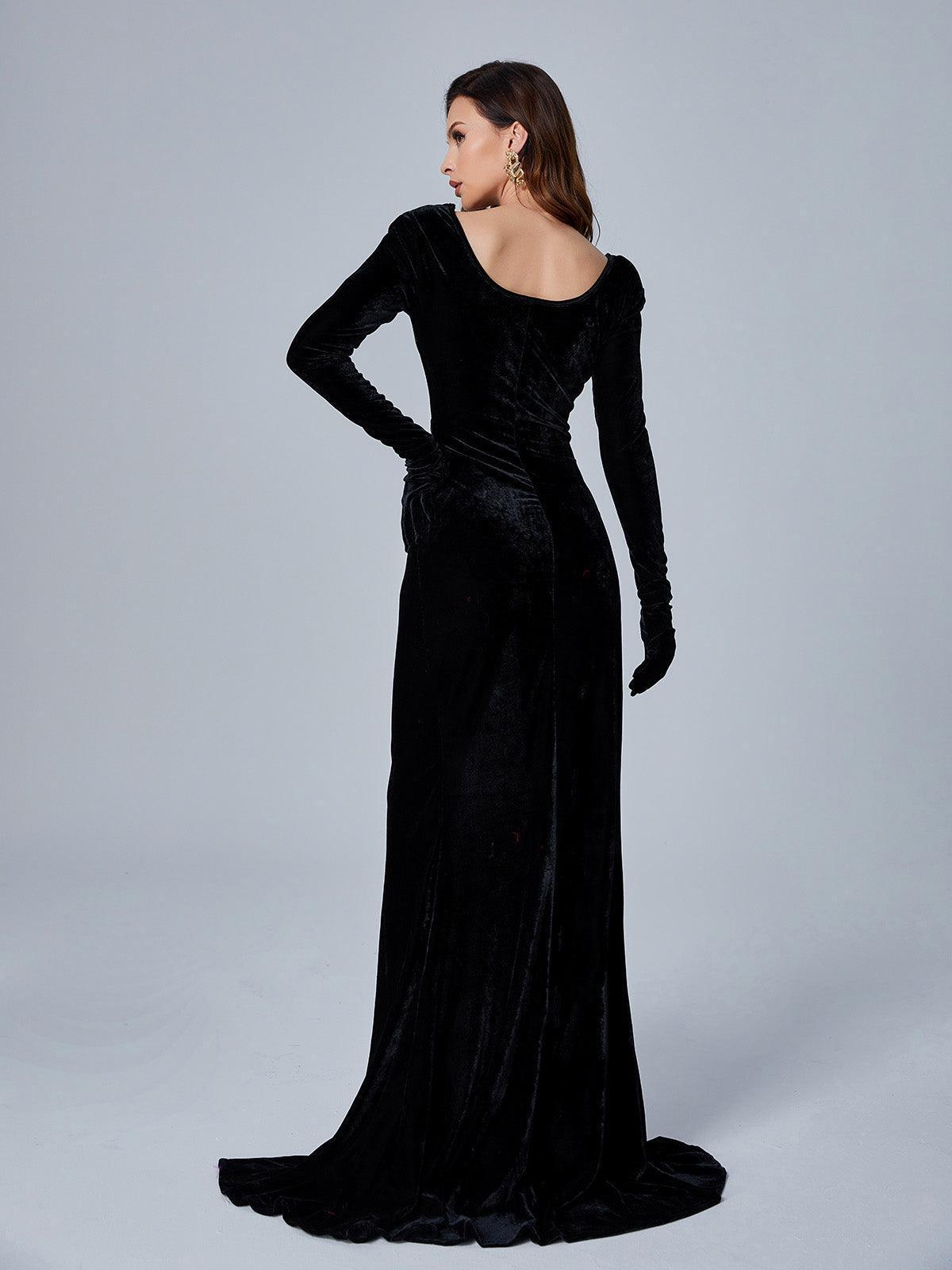 Bernice Long Sleeve Velvet Maxi Dress in Black with detachable gloves and elegant design.