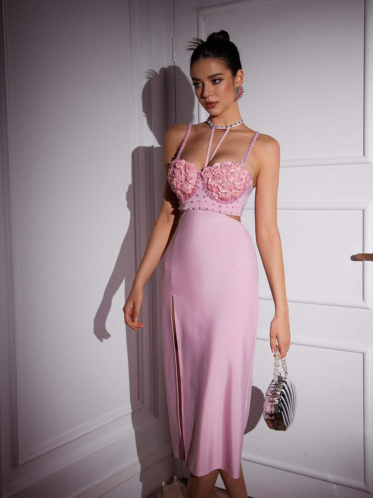 Flat lay of the Bevverly Flower Pearl Skirt Set with accessories, styled for a chic wedding guest look.