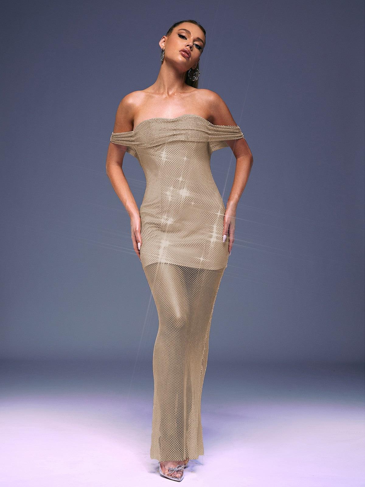 Bexley Off Shoulder Mesh Rhinestone Maxi Dress in beige with flowing maxi skirt and elegant rhinestone embellishments.