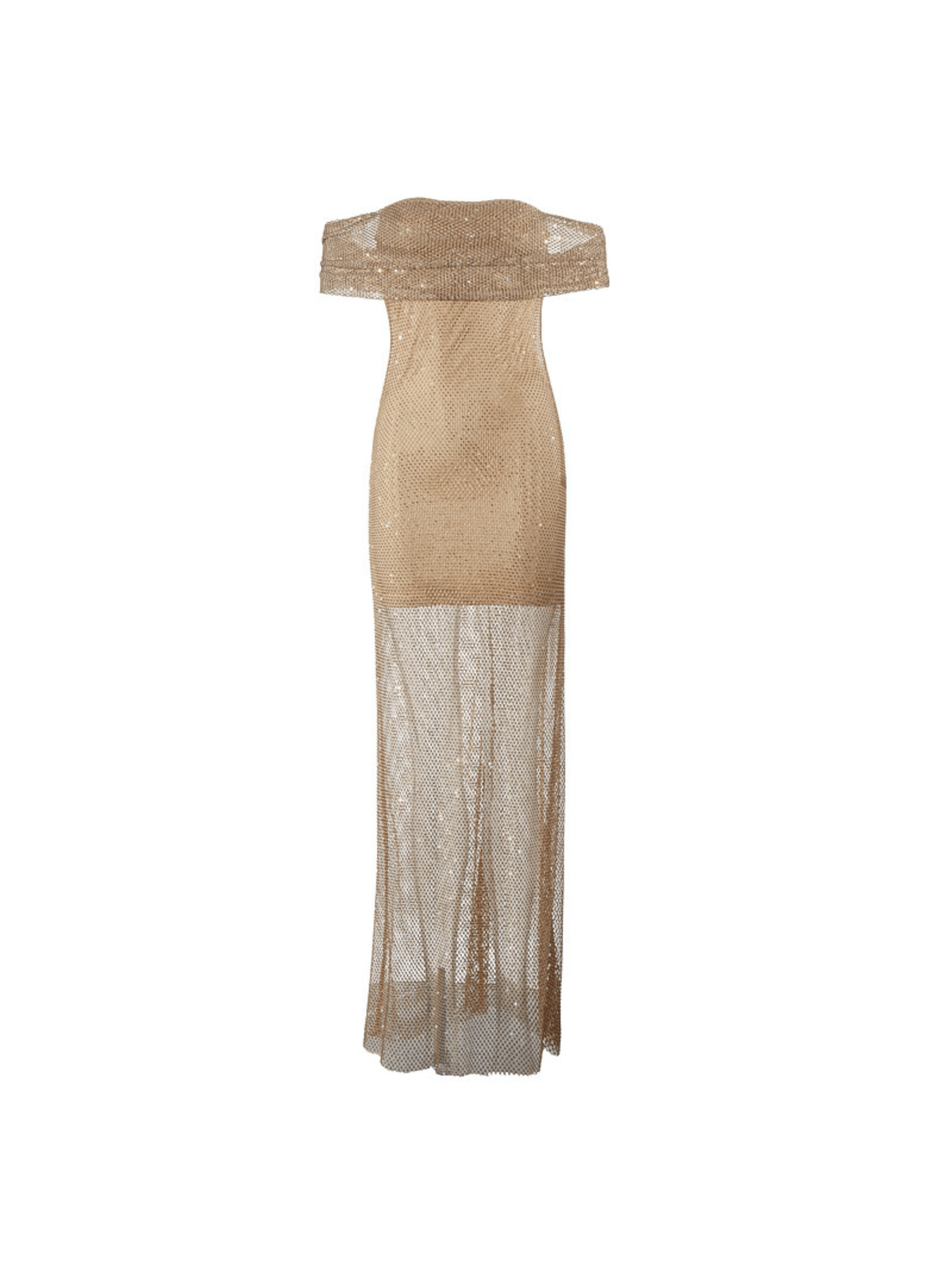 Bexley Off Shoulder Mesh Rhinestone Maxi Dress in beige with flowing maxi skirt and elegant rhinestone embellishments.