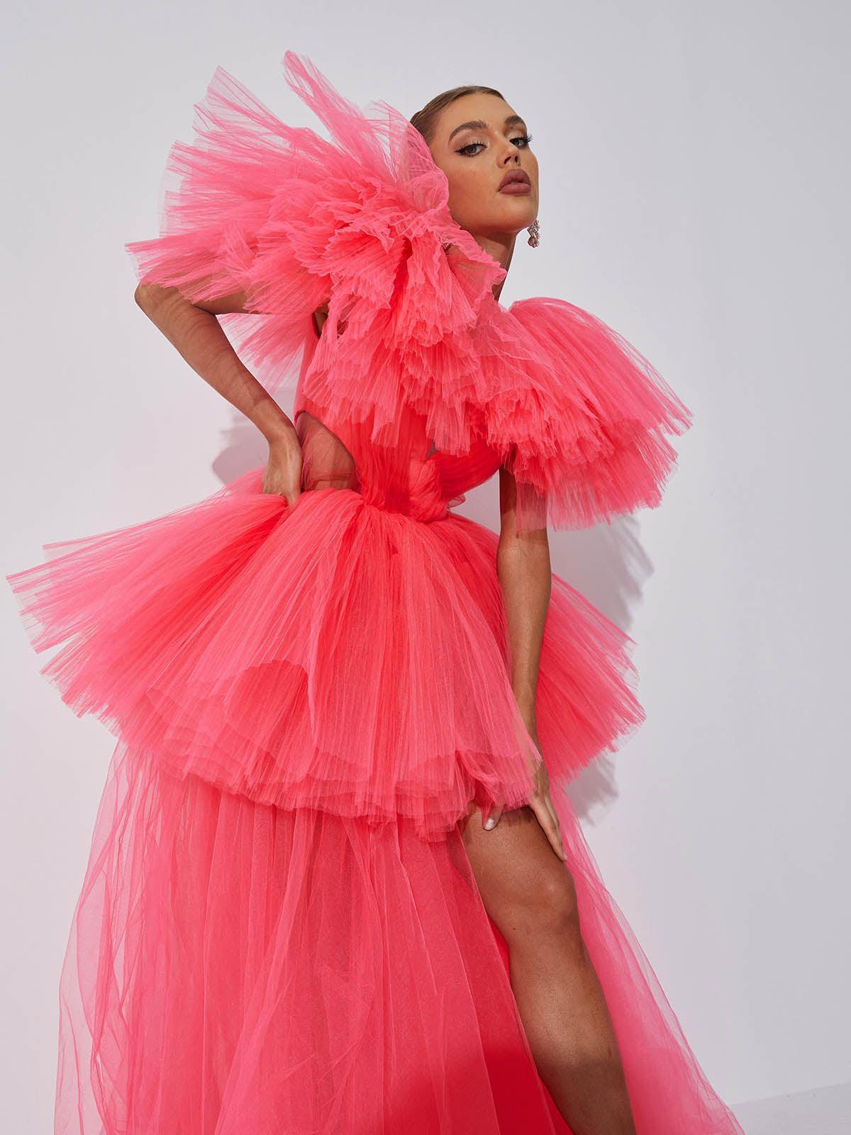 Bibi Plunge Cutout Tulle Dress in pink, showcasing elegant plunge neckline and stylish cutouts for a trendy look.