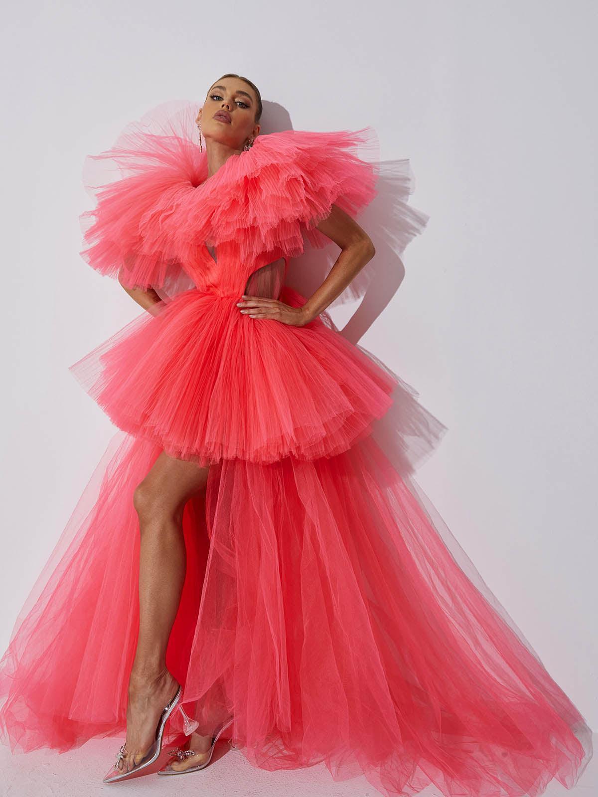 Model wearing the Bibi Plunge Cutout Tulle Dress at a prom event, showcasing its elegant design and flattering fit.