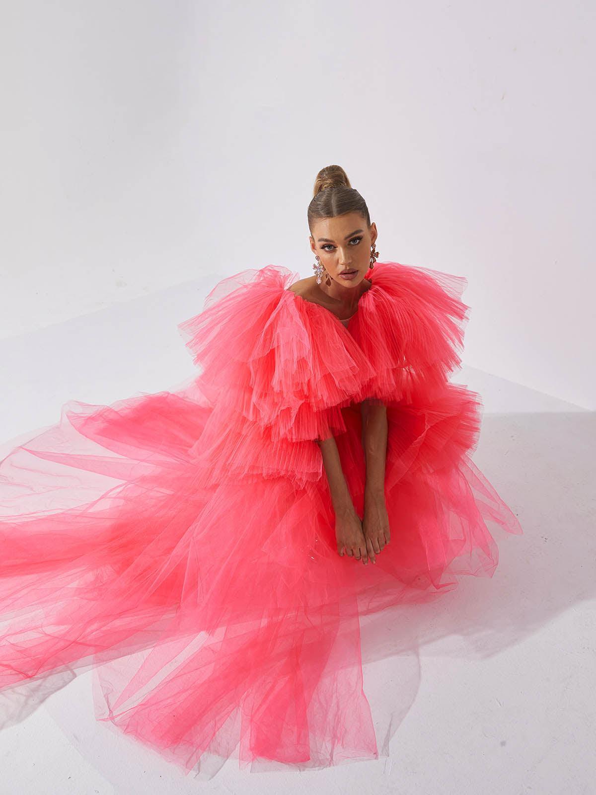 Bibi Plunge Cutout Tulle Dress in pink, showcasing elegant plunge neckline and stylish cutouts for a trendy look.