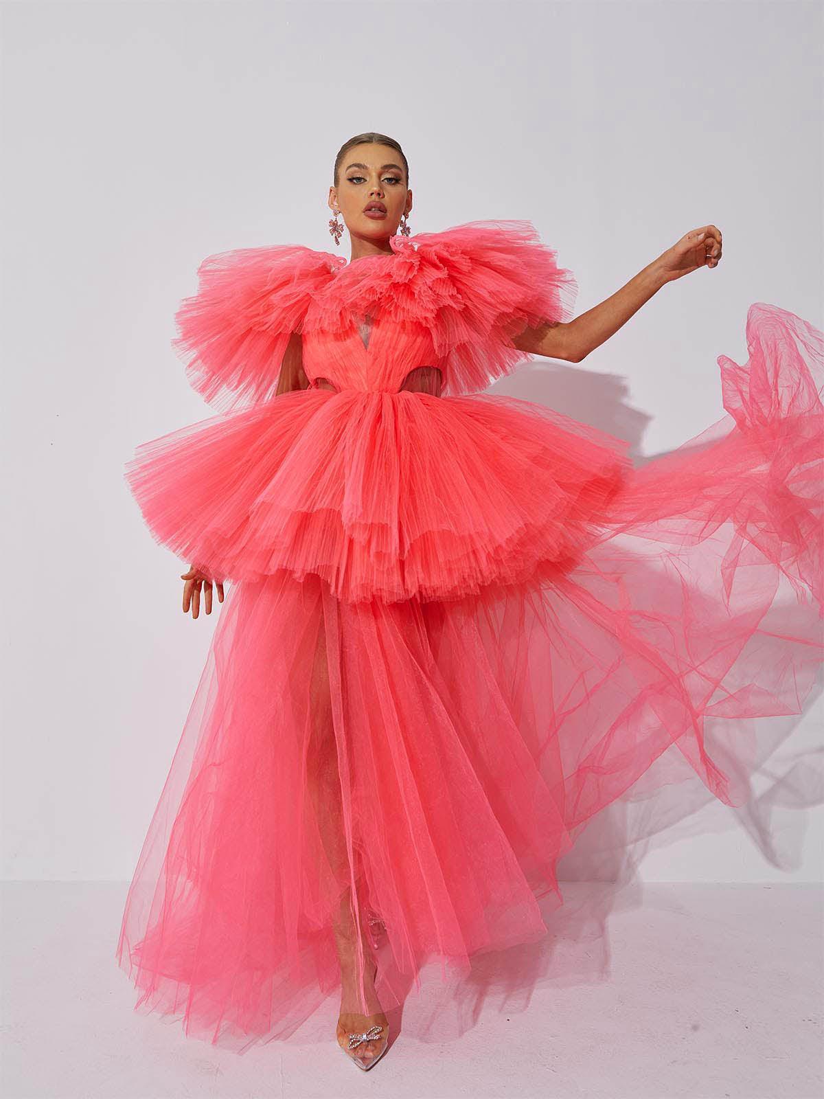 Bibi Plunge Cutout Tulle Dress in pink, showcasing elegant plunge neckline and stylish cutouts for a trendy look.