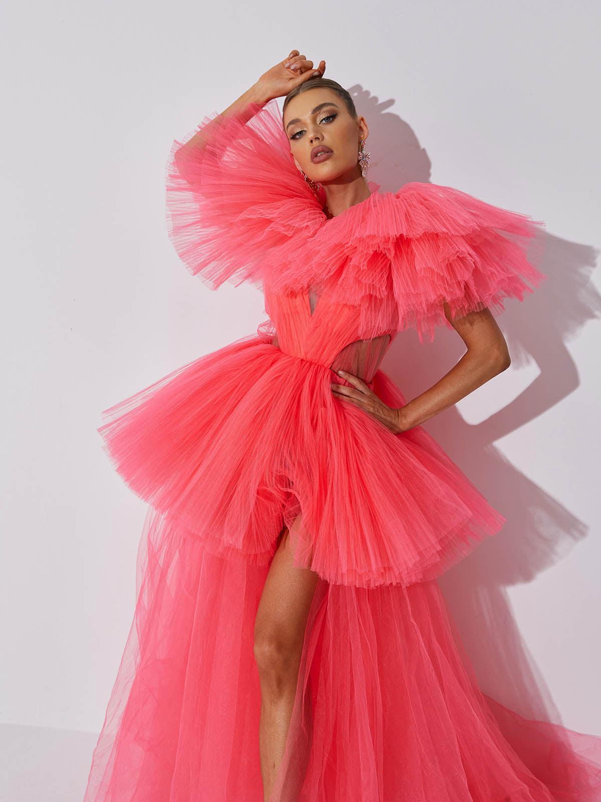 Bibi Plunge Cutout Tulle Dress in pink, showcasing elegant plunge neckline and stylish cutouts for a trendy look.