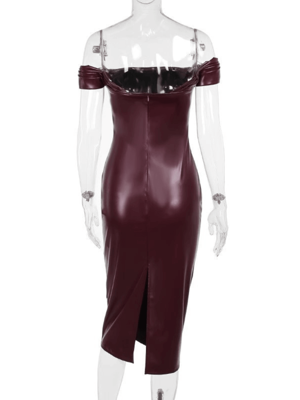 Blaine Off Shoulder Ruched Leather Dress in Wine, showcasing elegant design and high-quality leather material.