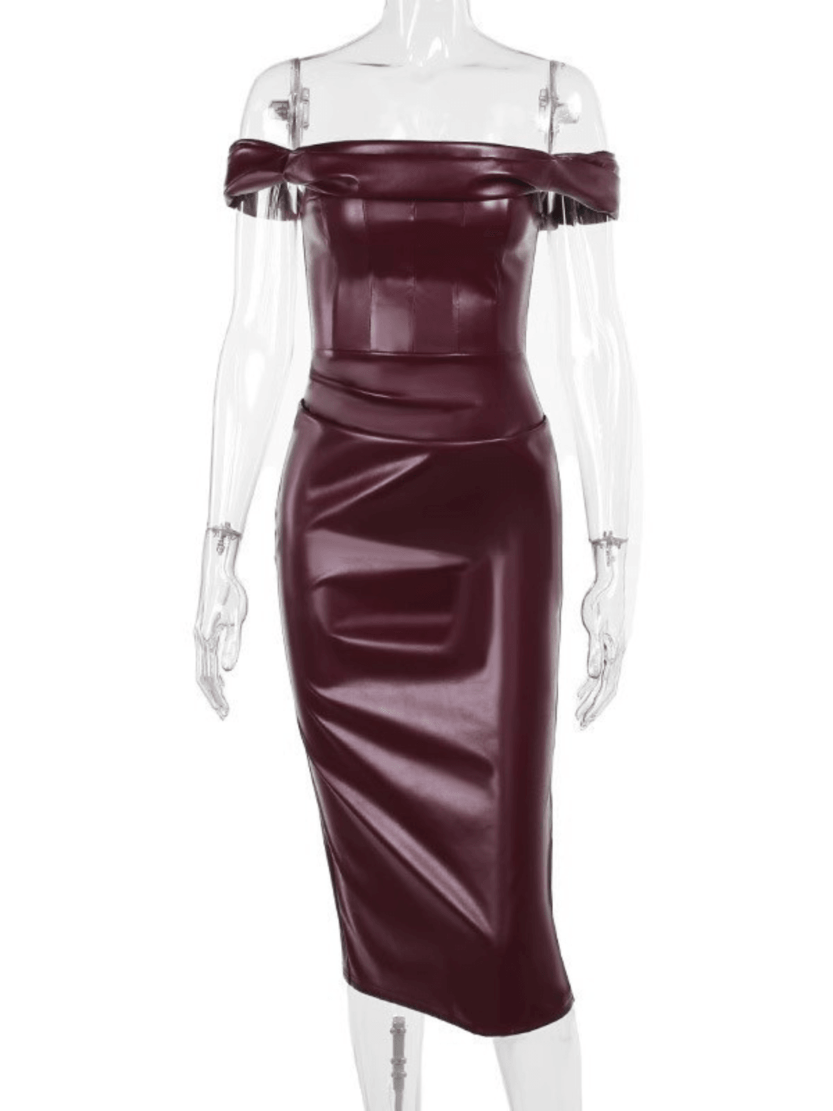 Flat lay of the Blaine Off Shoulder Ruched Leather Dress in Wine with complementary accessories, perfect for evening wear.