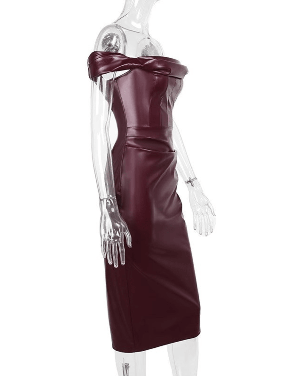 Blaine Off Shoulder Ruched Leather Dress displayed on a mannequin, emphasizing its elegant design and luxurious fabric.