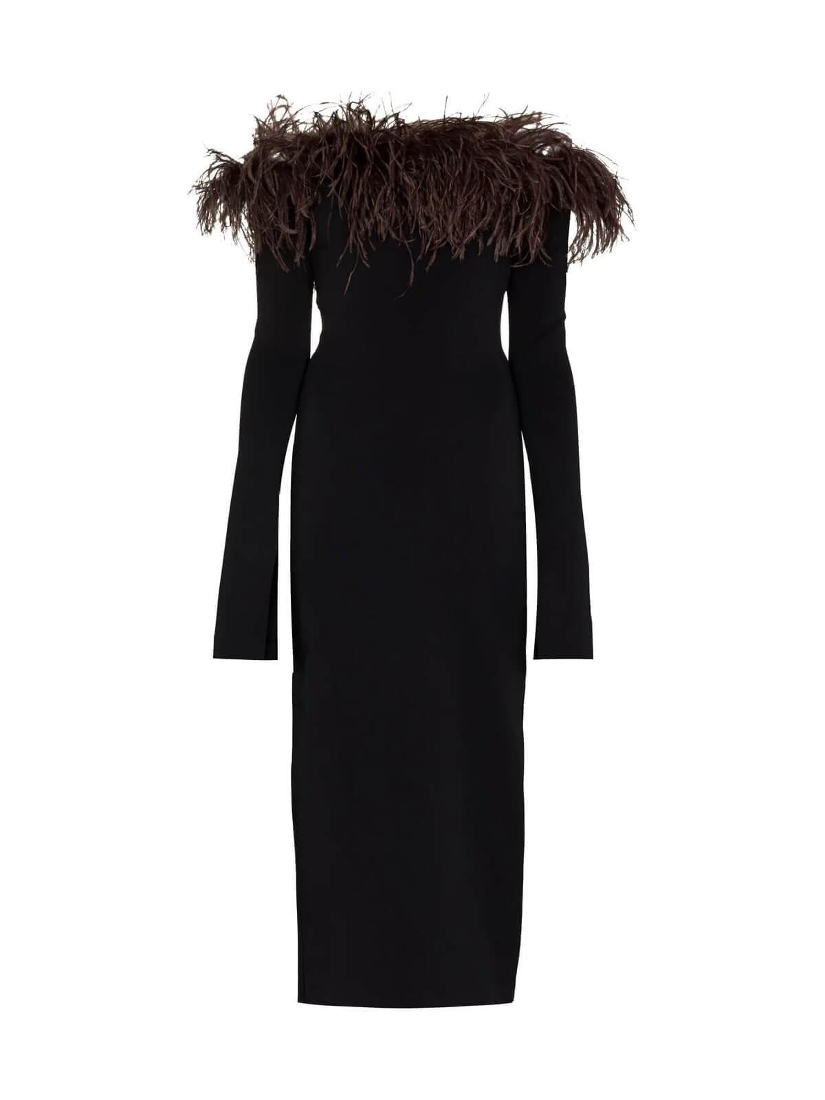 Elegant black off shoulder midi dress with feather trim detail, perfect for evening events.