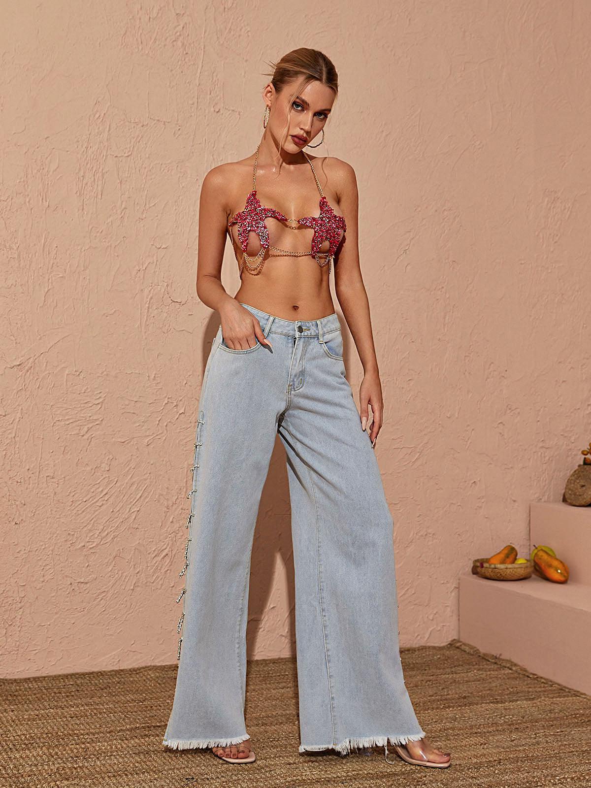 Bodie Cutout Denim Pants in Blue, showcasing trendy cutout design and stylish fit for women.
