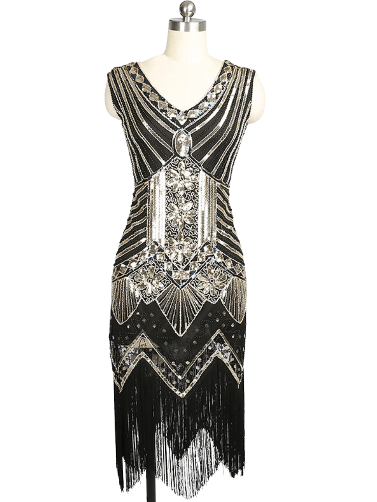 Boomer V Neck Fringe Sequin Dress in black, showcasing elegant fringe detailing and a sophisticated design for evening wear.