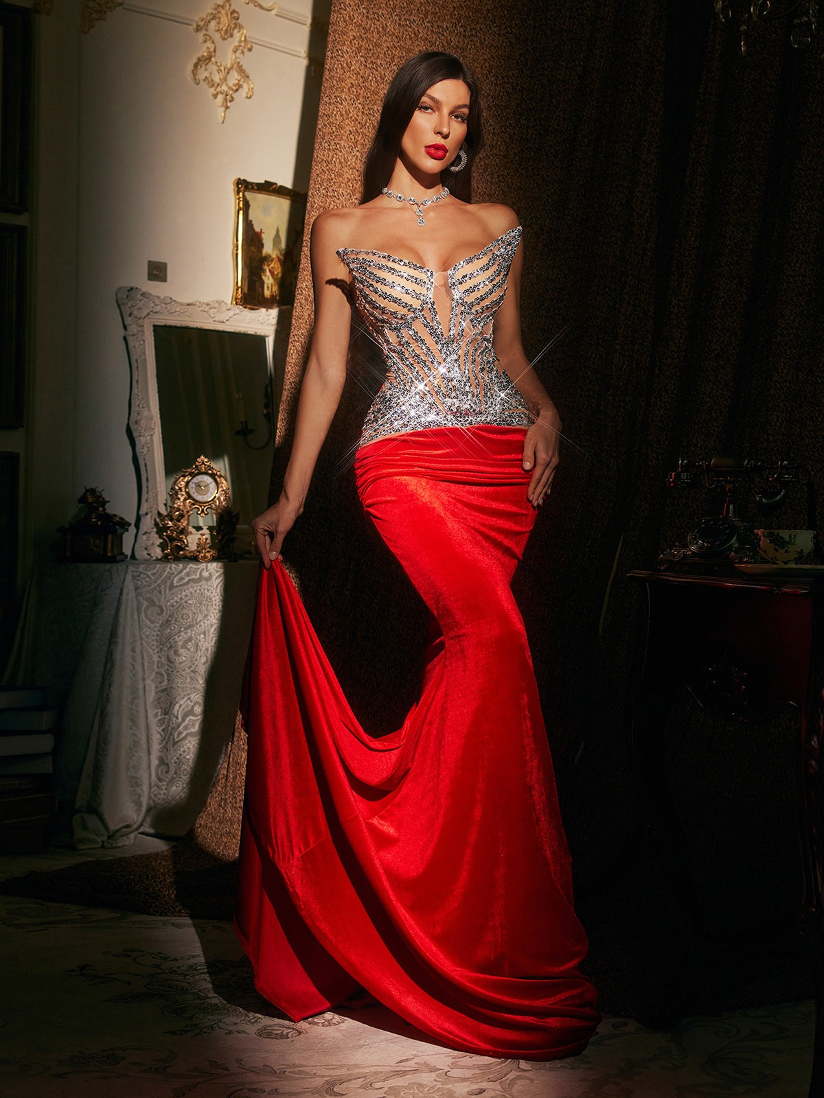 Brazmir Strapless Sequin Ruched Mermaid Maxi Dress