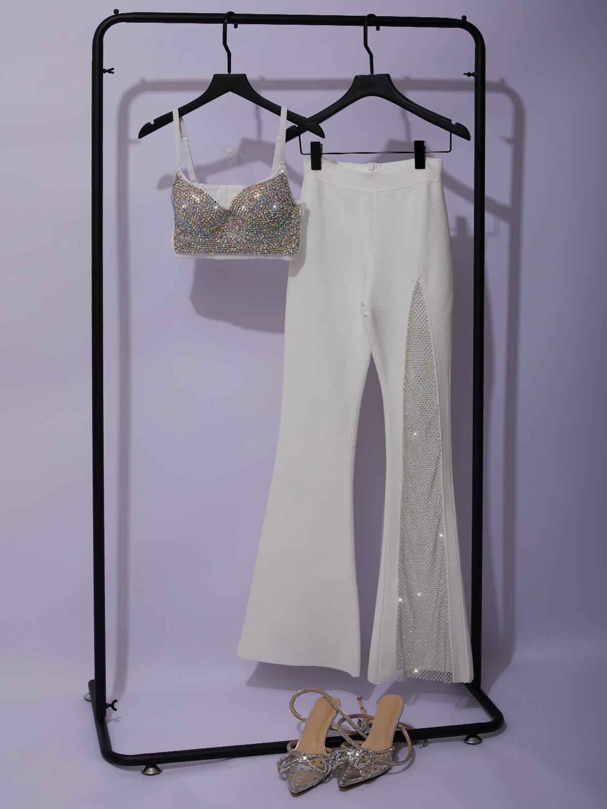 Brianna Crystal Bustier Top in White with adjustable straps and rhinestone embellishments, perfect for chic evening wear.