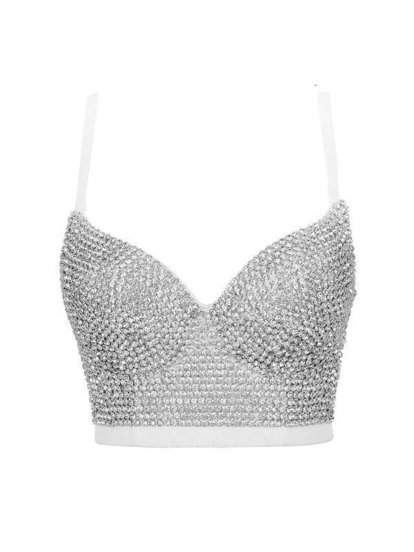 Brianna Crystal Bustier Top in White with adjustable straps and rhinestone embellishments, perfect for chic evening wear.